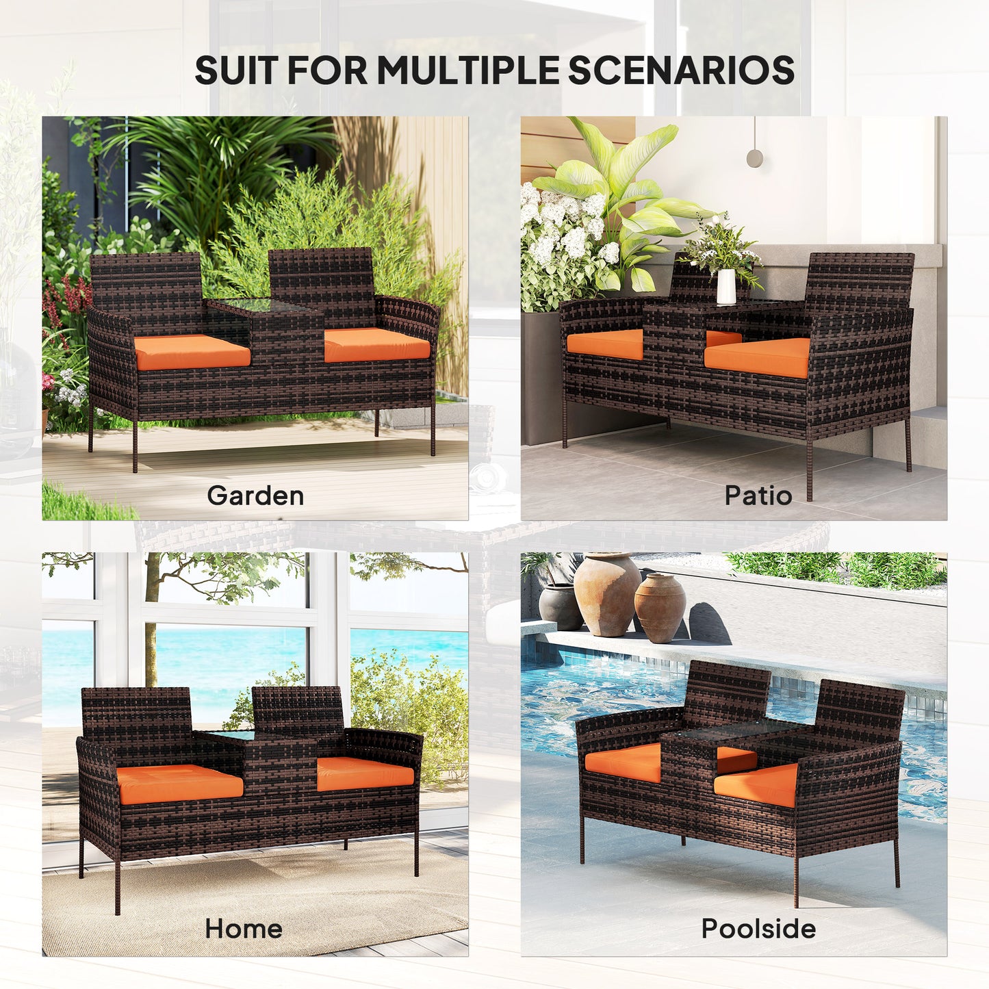 Two-Seat Rattan Chair, with Middle Table