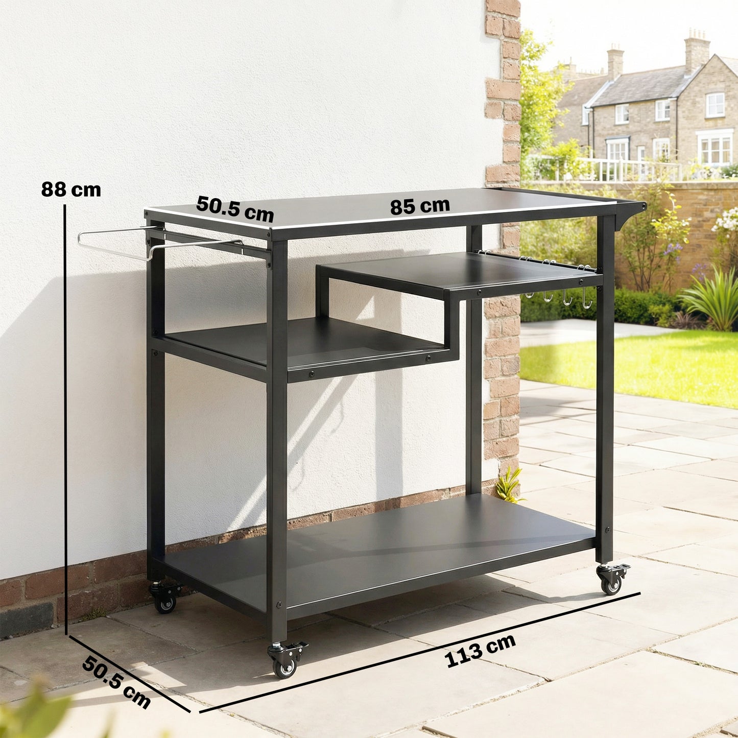 Outdoor Grill Cart, Three-Tier Pizza Oven Stand  with Steel Tabletop