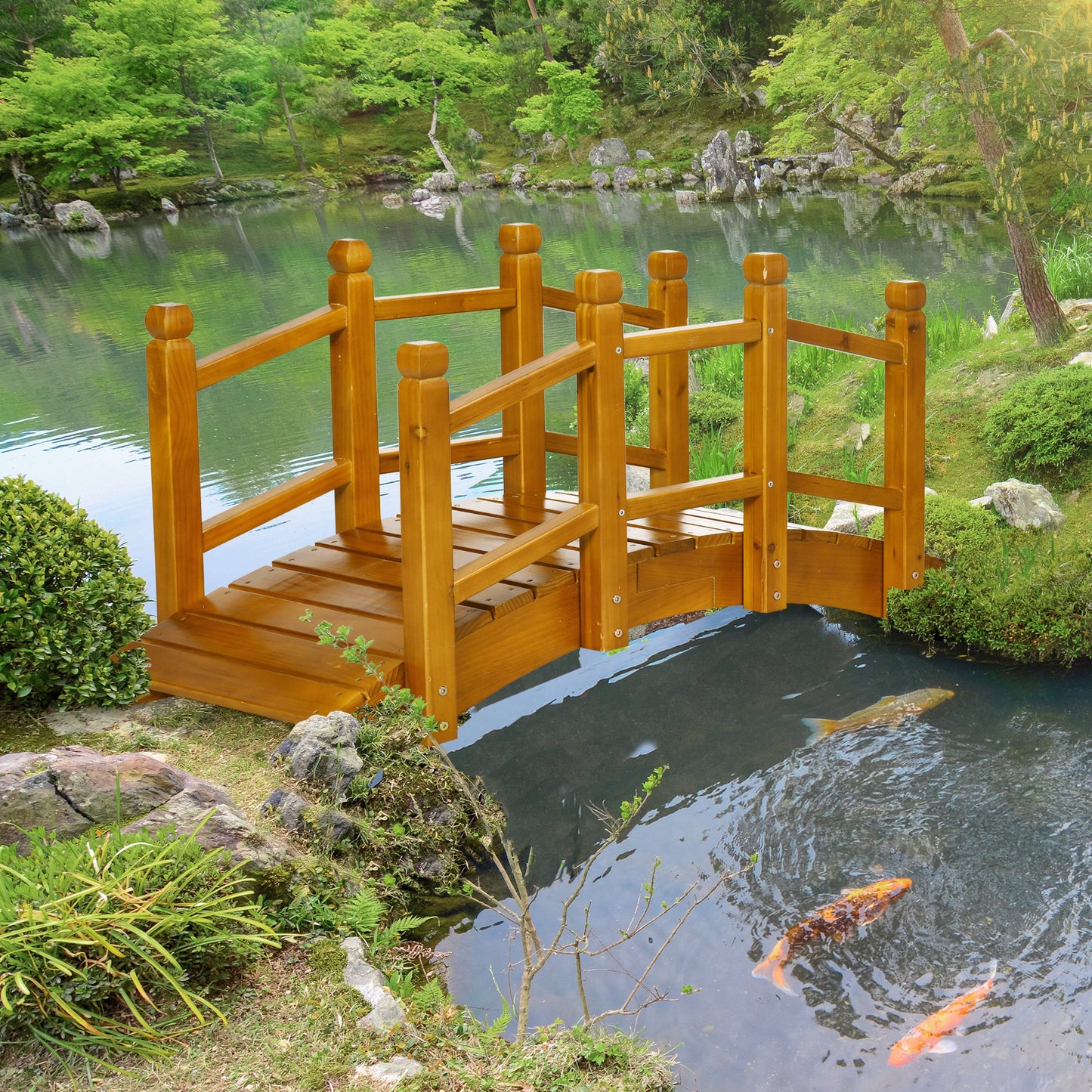Wooden Garden Bridge with Safety Railings
