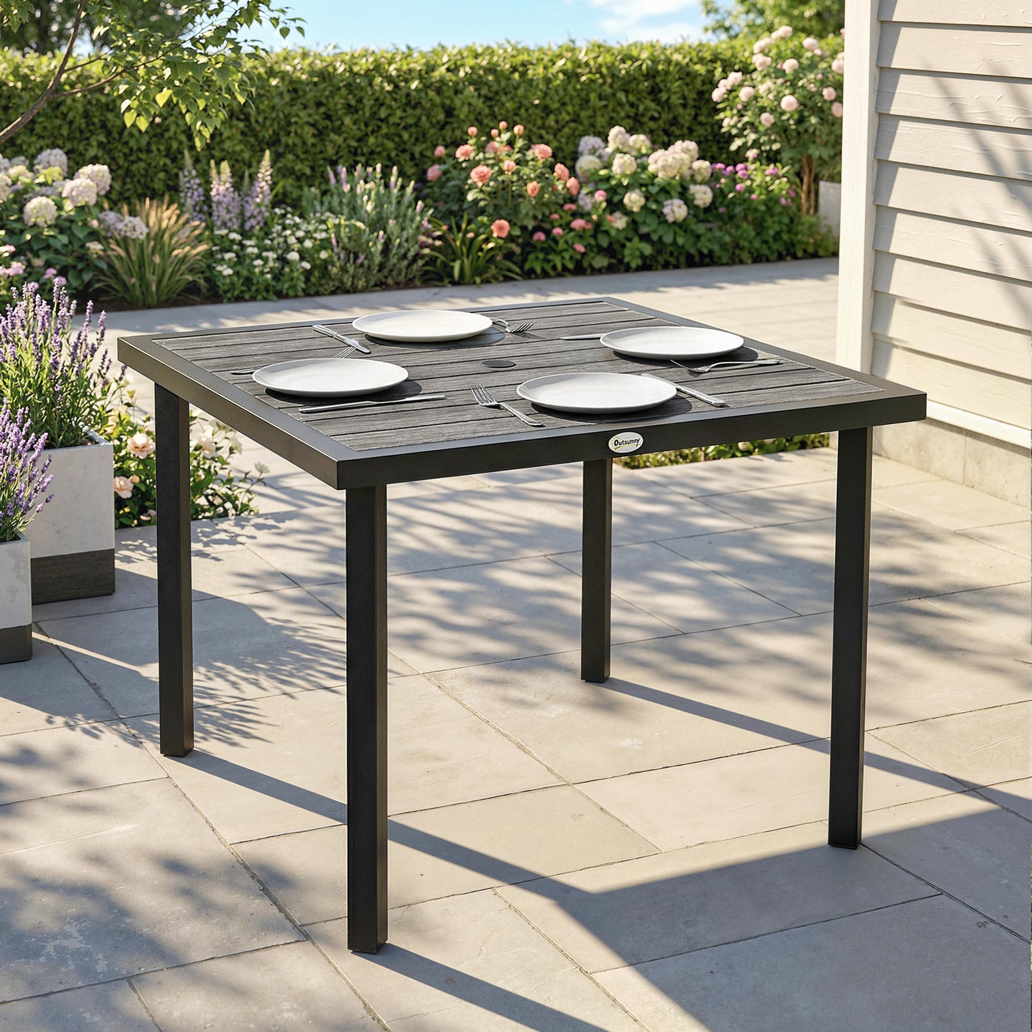 Square Garden Dining Table with Parasol Hole, Slatted Top