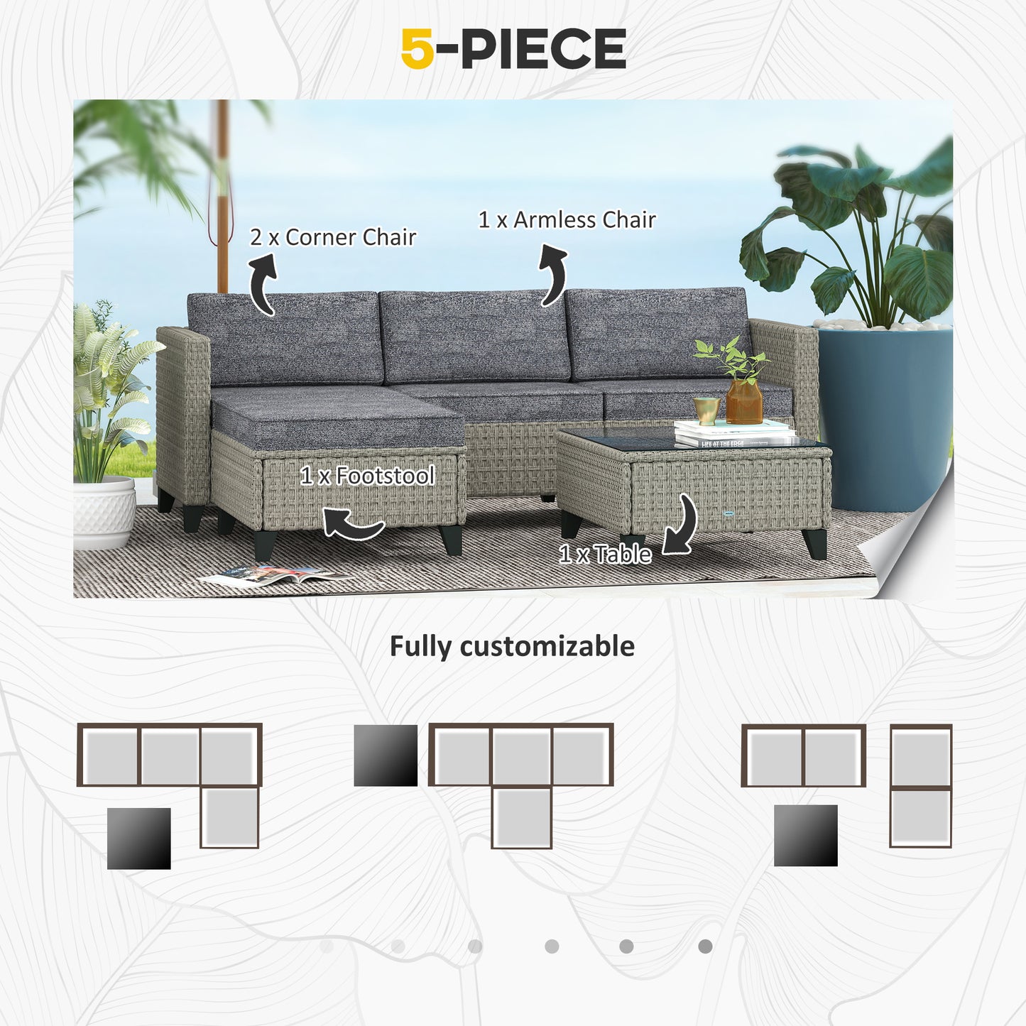 5-Piece Rattan Patio Furniture Set with Corner Sofa, Footstools