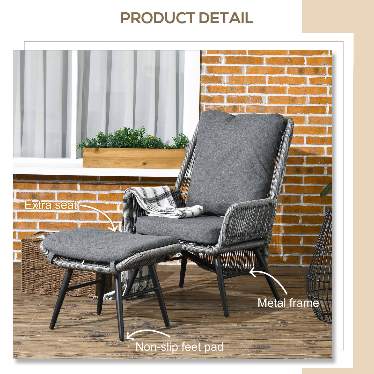 String Rattan Armchair and Footstool Set, with Cushions