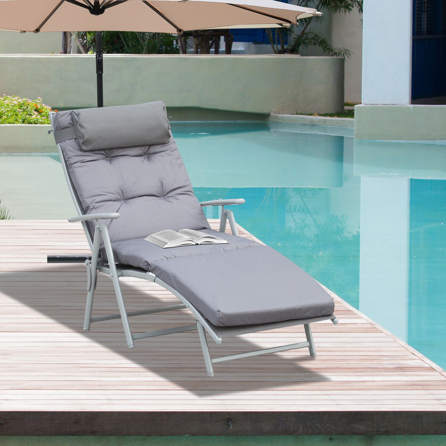 Steel Frame Outdoor Garden Padded Sun Lounger w/ Pillow