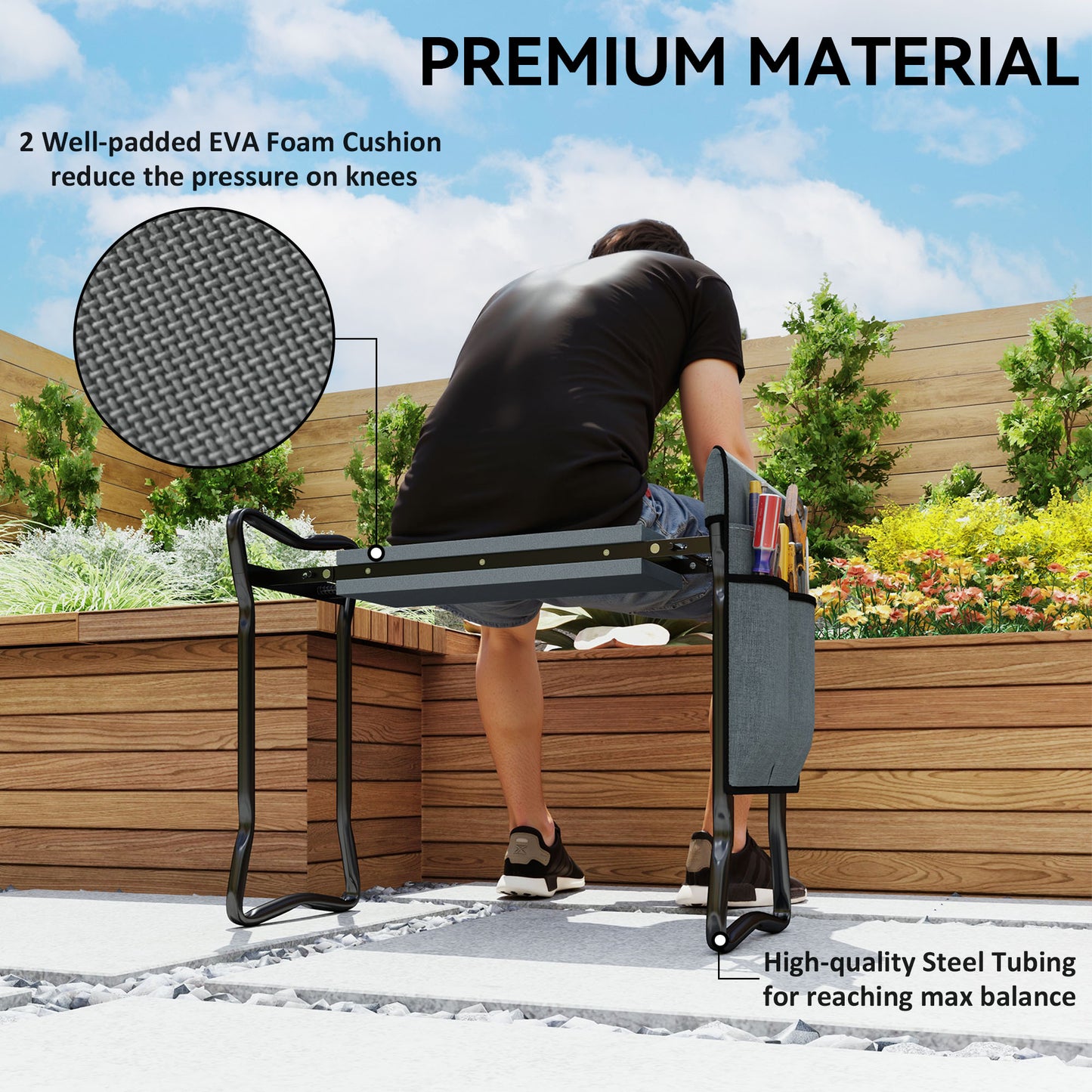 Steel Frame Padded Garden Kneeler, with Tool Bag