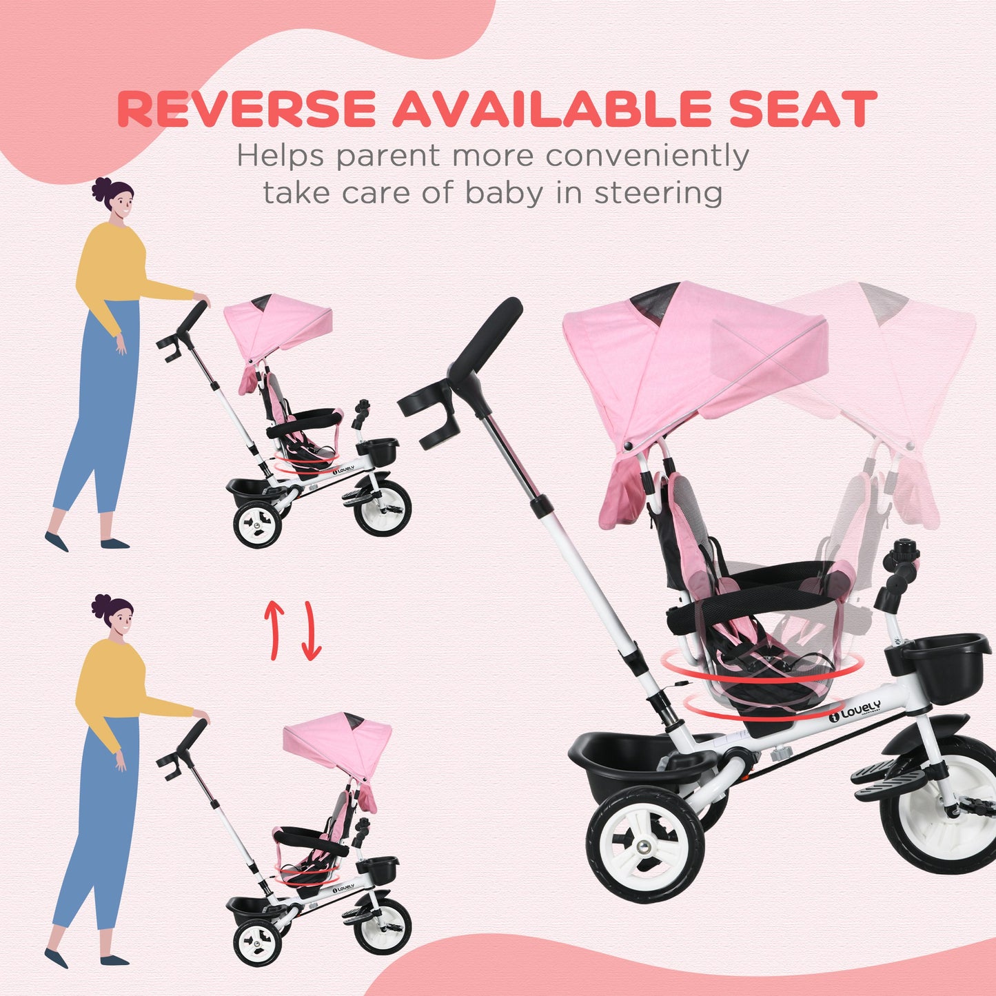 Metal Frame 6 in 1 Baby Push Tricycle with Parent Handle