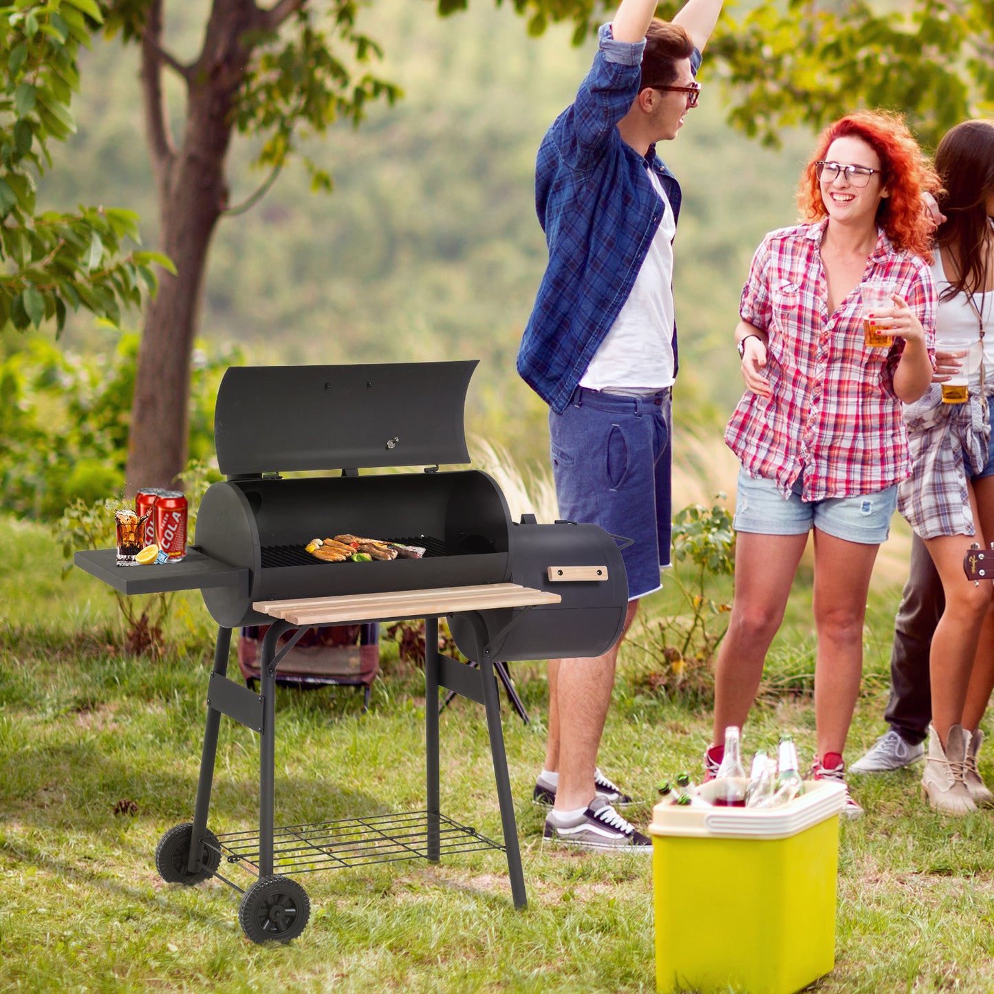 Portable Charcoal BBQ Grill, Cold-rolled Steel, Solid Wood