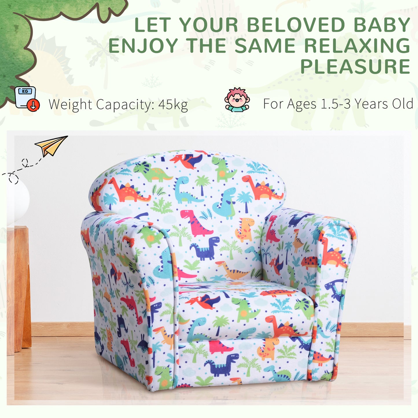 Children's Armchair Flannel Kids Sofa Tub Chair Cartoon Dinosaur