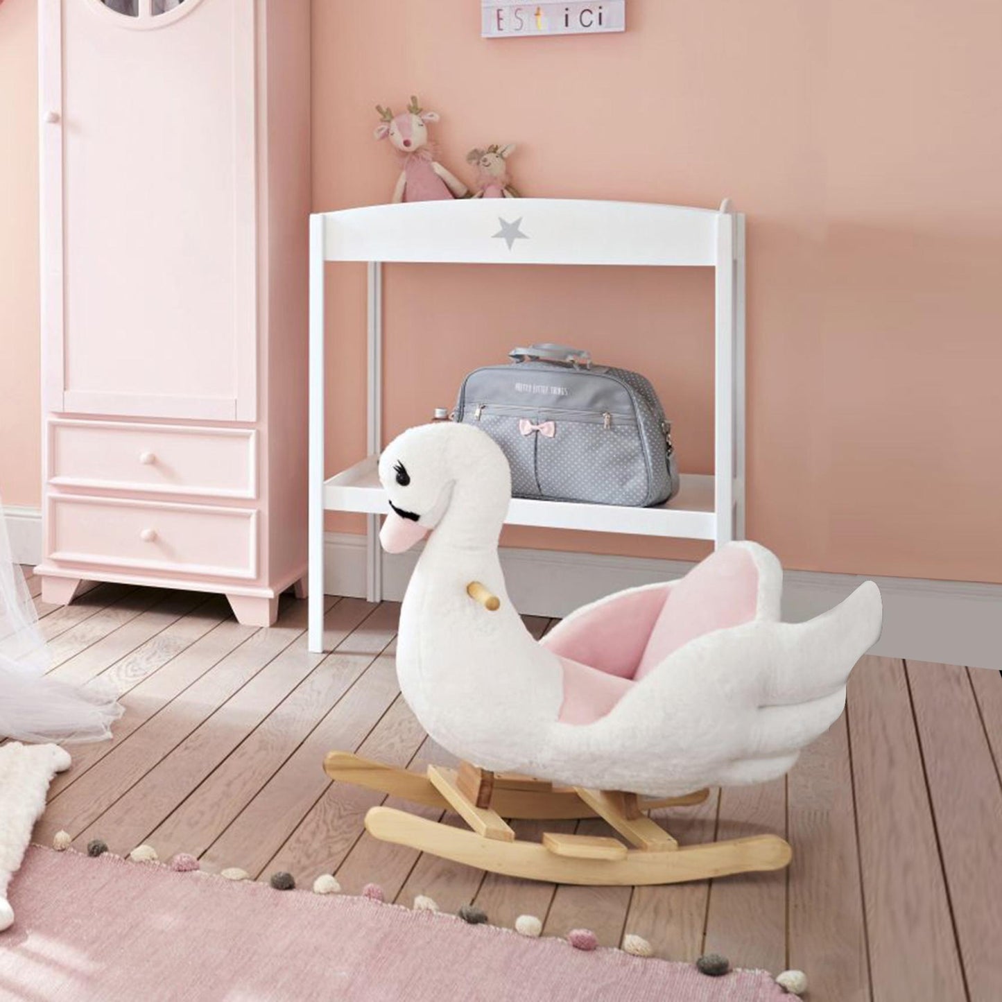 Kids Rocking Horse Plush Ride On Swan Toy w/ Safety Seat