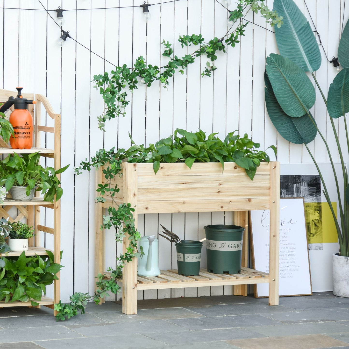 Wooden Raised Plant Stand Outdoor Flower Bed Box