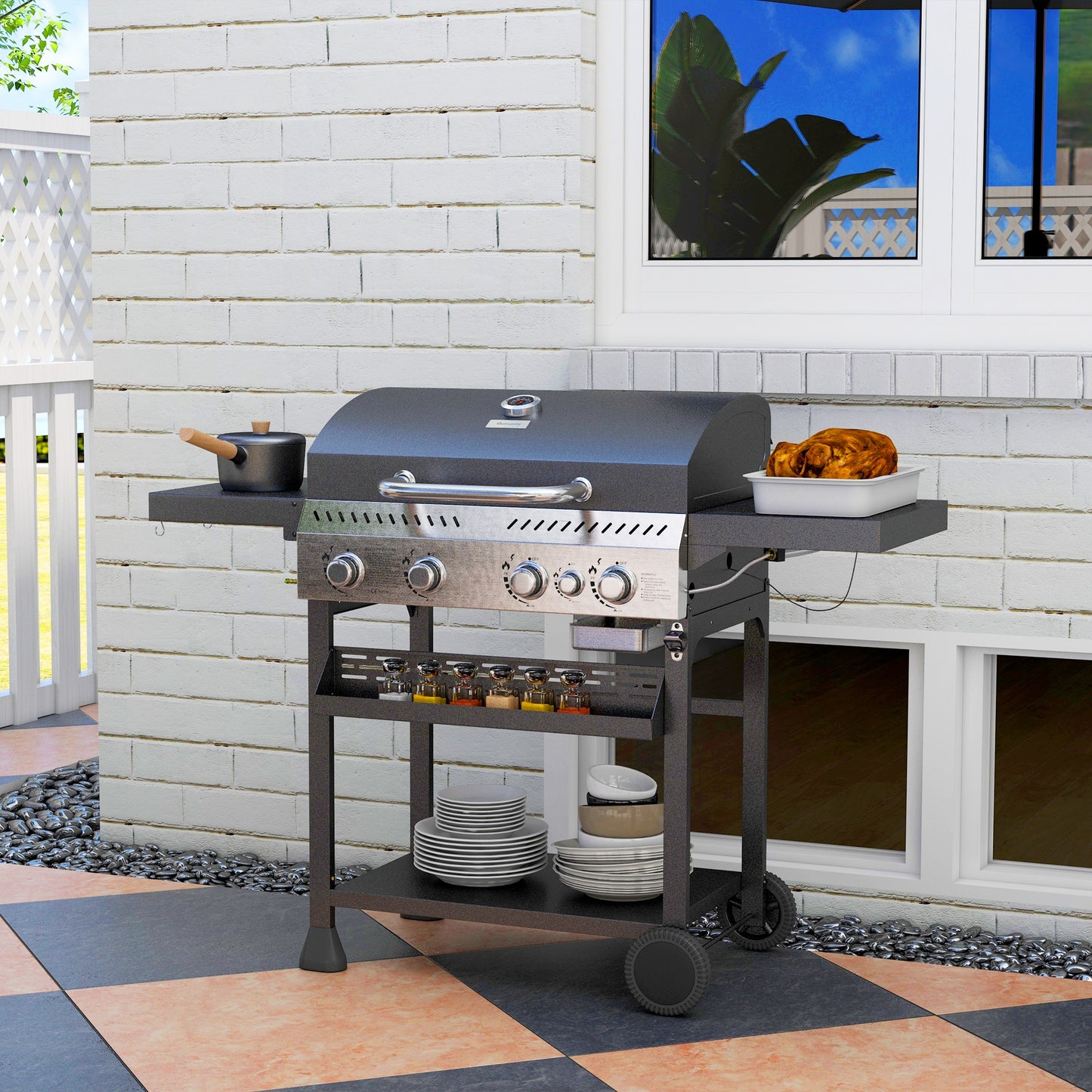 Five-Burner Steel Gas Grill, with Thermometer