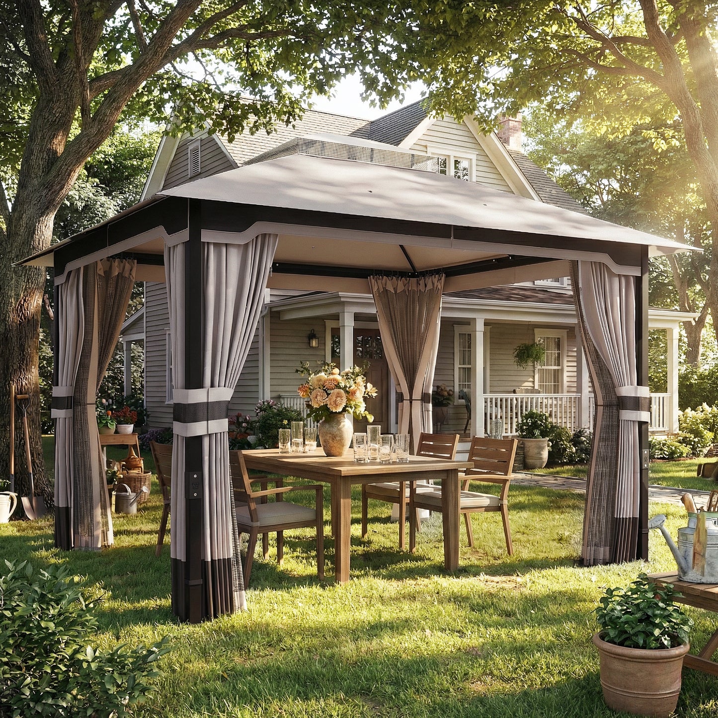 3 x 3.6 m Outdoor Garden Gazebo with Netting and Curtains