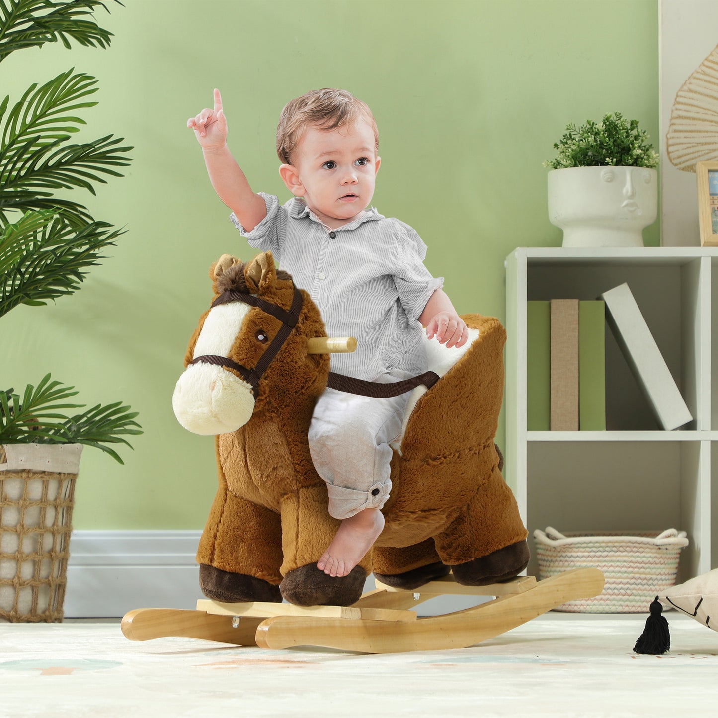 Kids Rocking Horse, Plush Ride on Horse, with Sound, Wood Base
