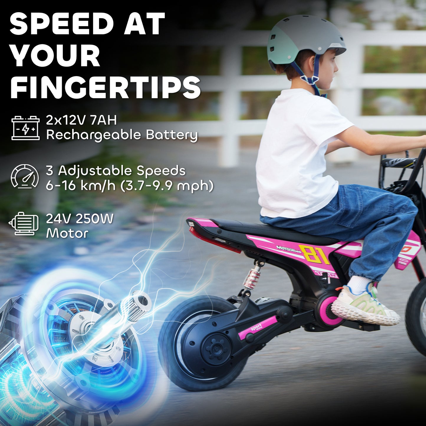 Kids Electric Motorbike, 24V Ride On Motorcycle with 3 Speeds