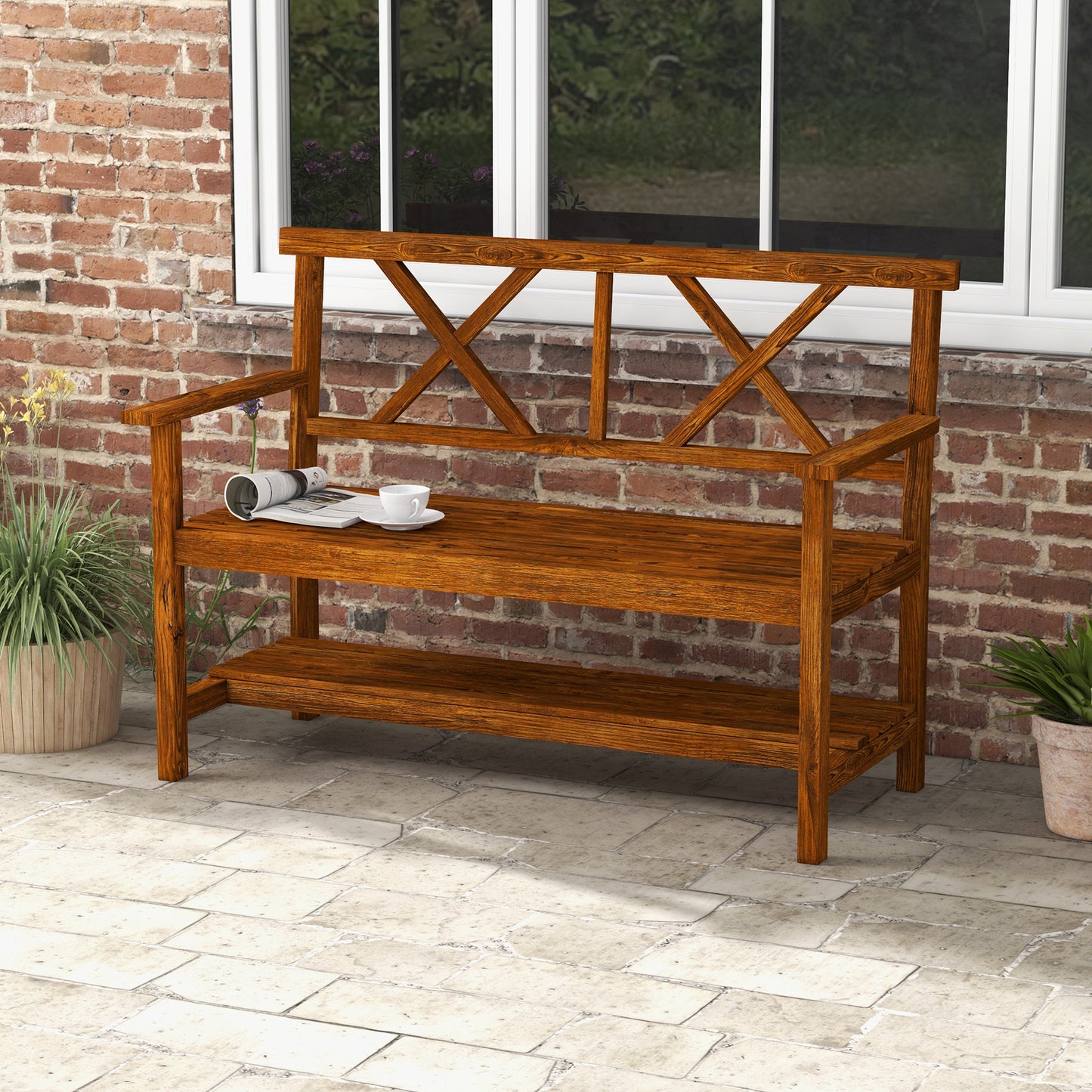 Two-Seater Fir Wood Bench, with Bottom Shelf