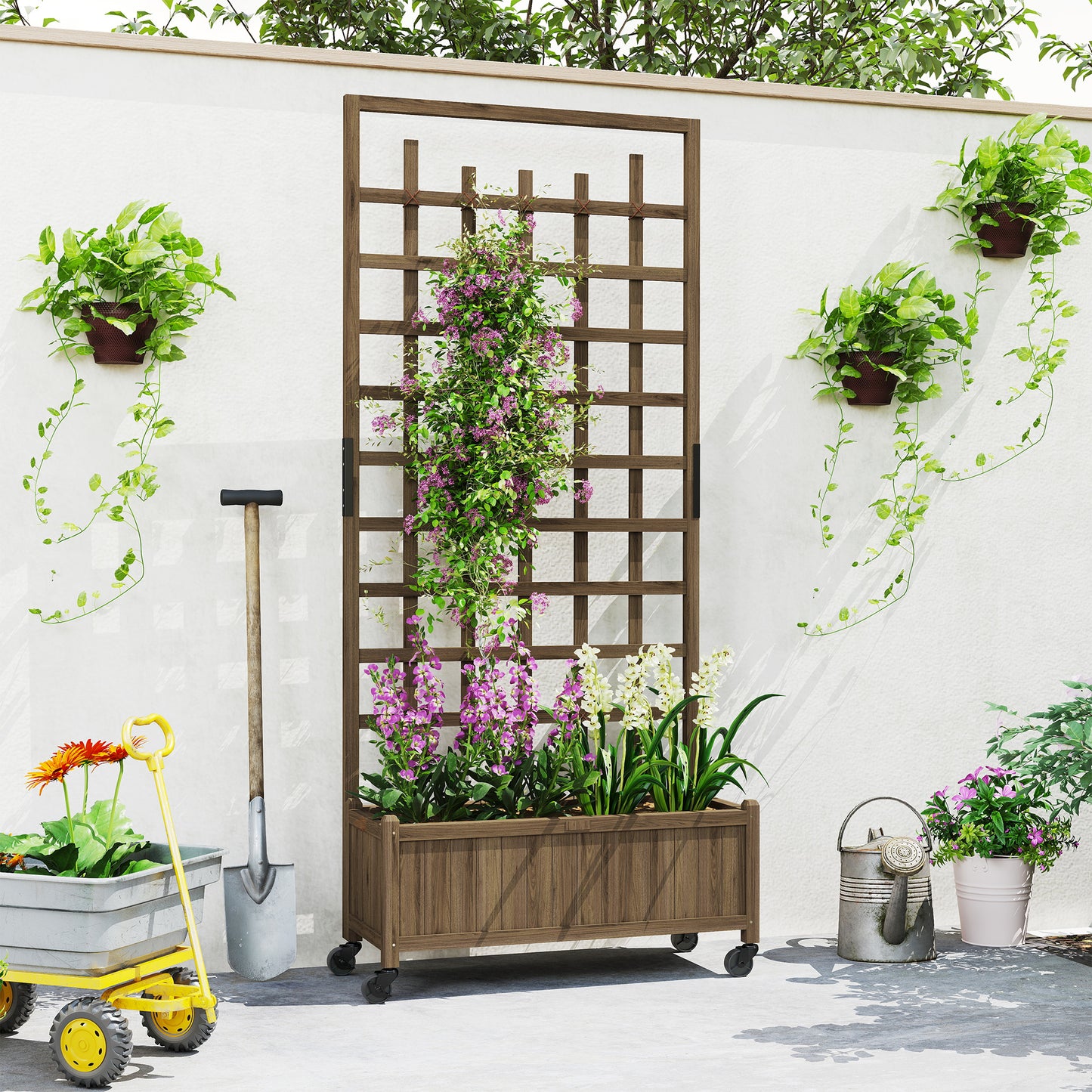 Wooden Trellis Planter, Raised Garden Bed with Wheels