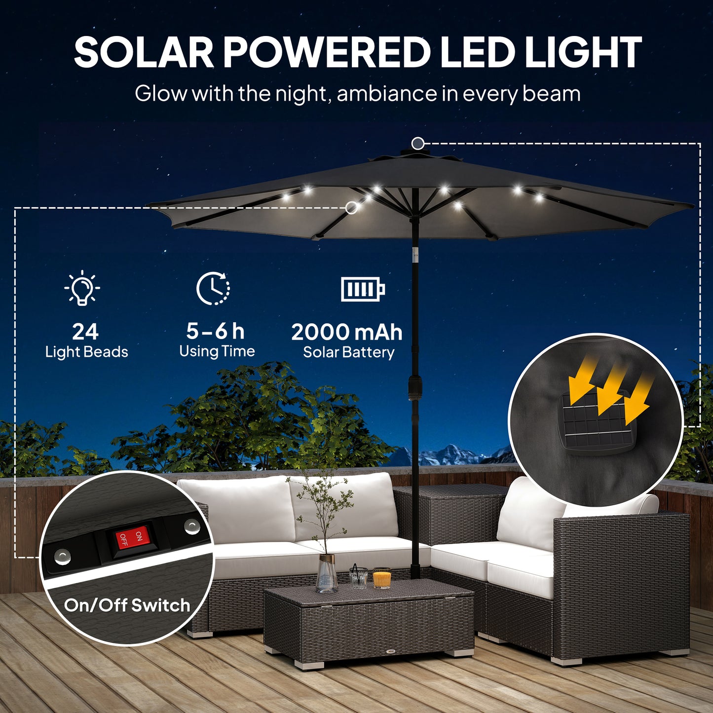 2.6 m Garden Parasol Umbrella with LED Solar Light, Parasol Cover