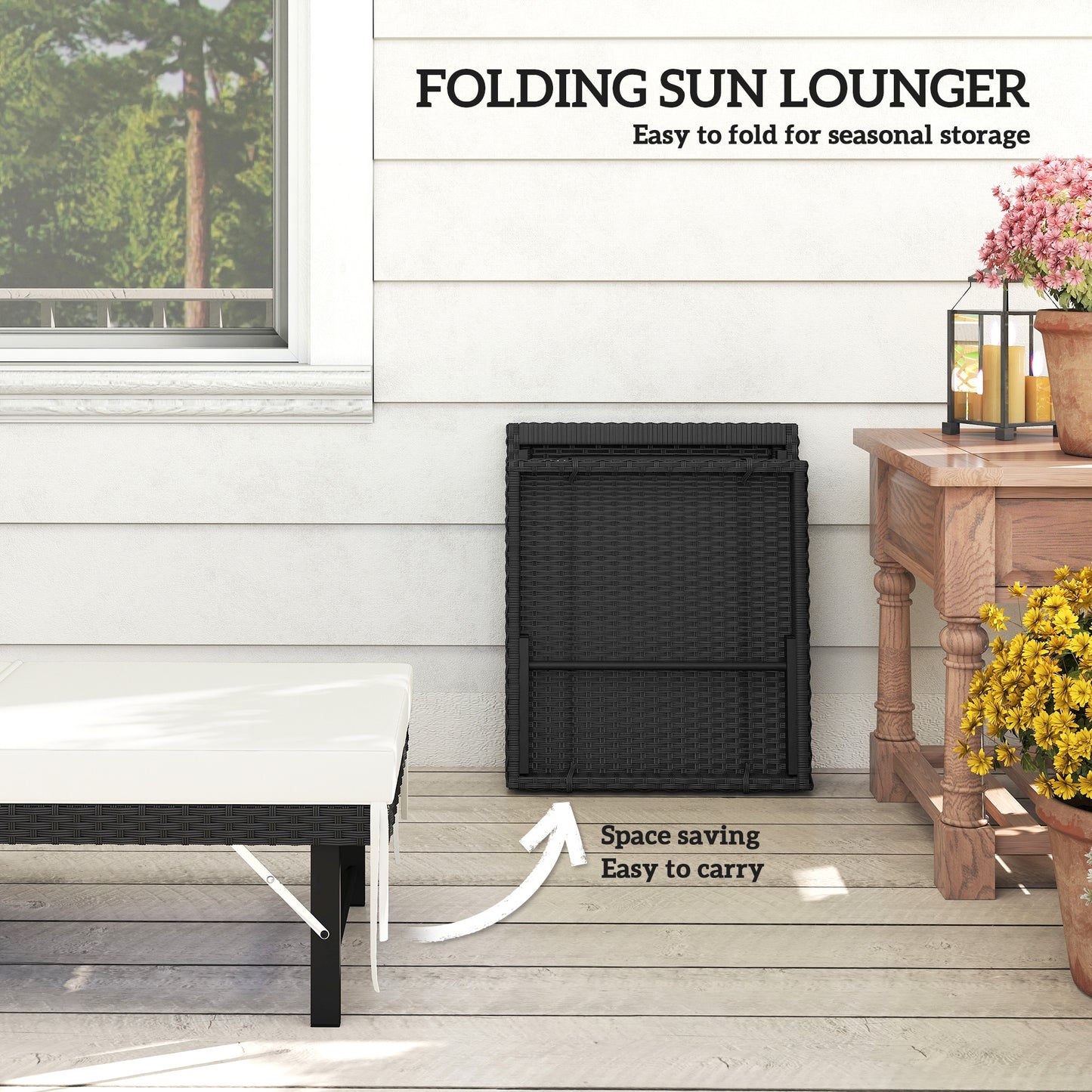 Single Folding Rattan Sun Lounger, with Cushion