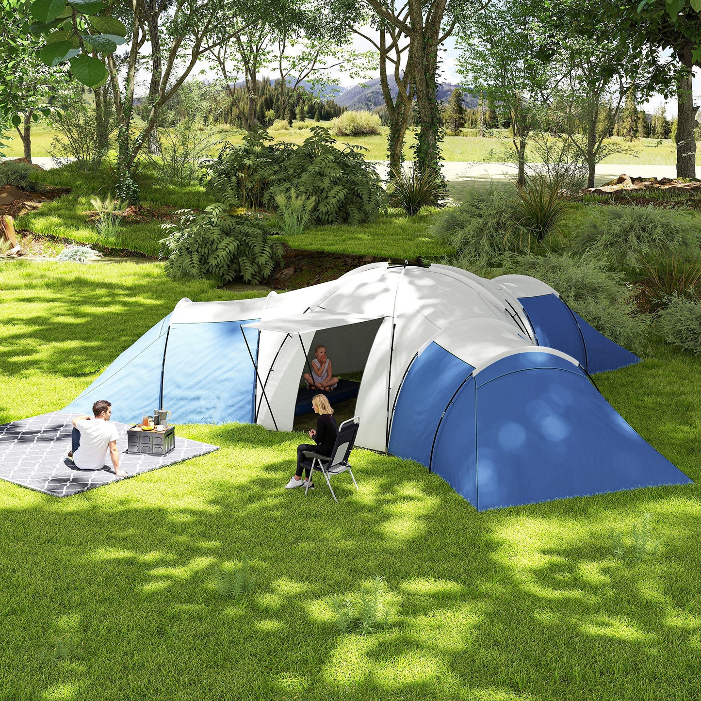 6-9 Man Tent with Bedrooms and Living Room, Accessories Included