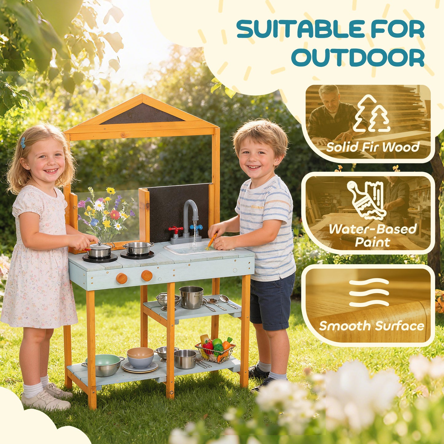 Mud Kitchen for Kids, Outdoor Wooden Play Kitchen with Sink, Stove