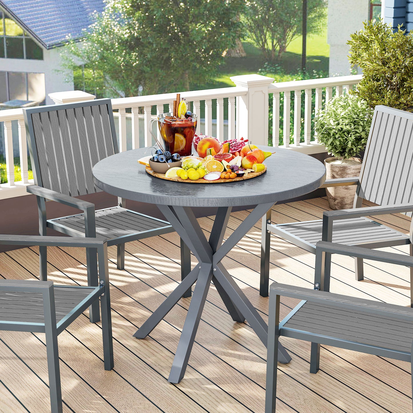 Garden Table, 85cm Round Outdoor Dining Table with Steel Frame