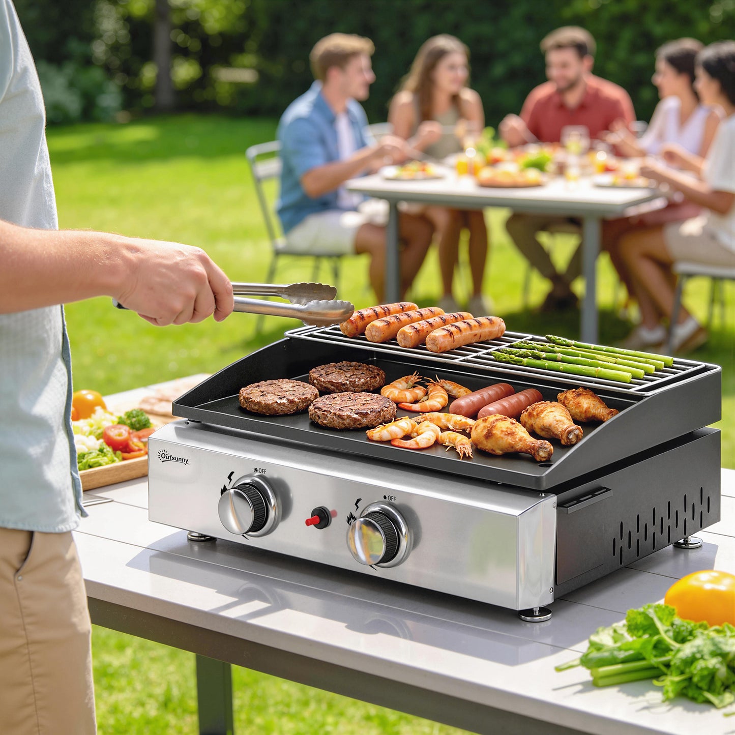 2 Burner Grill Griddle, Portable Gas Plancha with Warming Rack, 5 kW