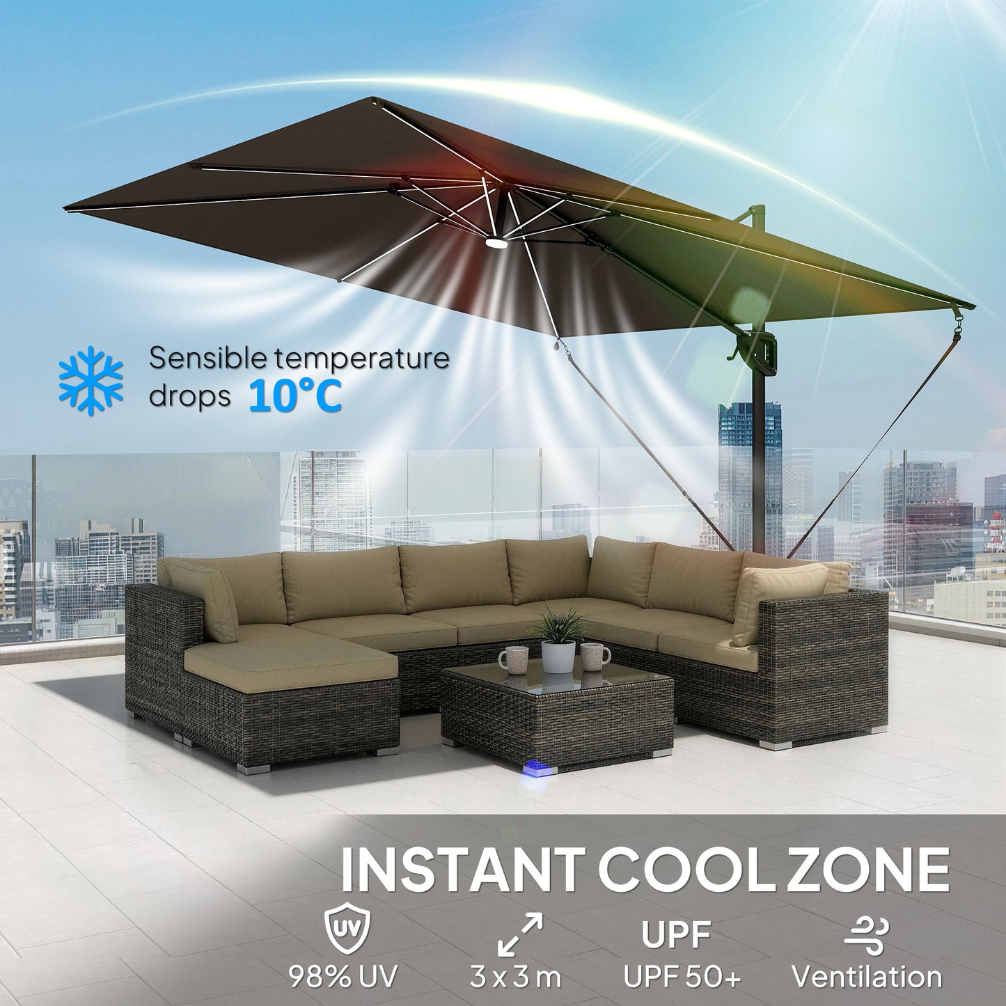 3 x 3 m Garden Cantilever Parasol w/ Light, Cover