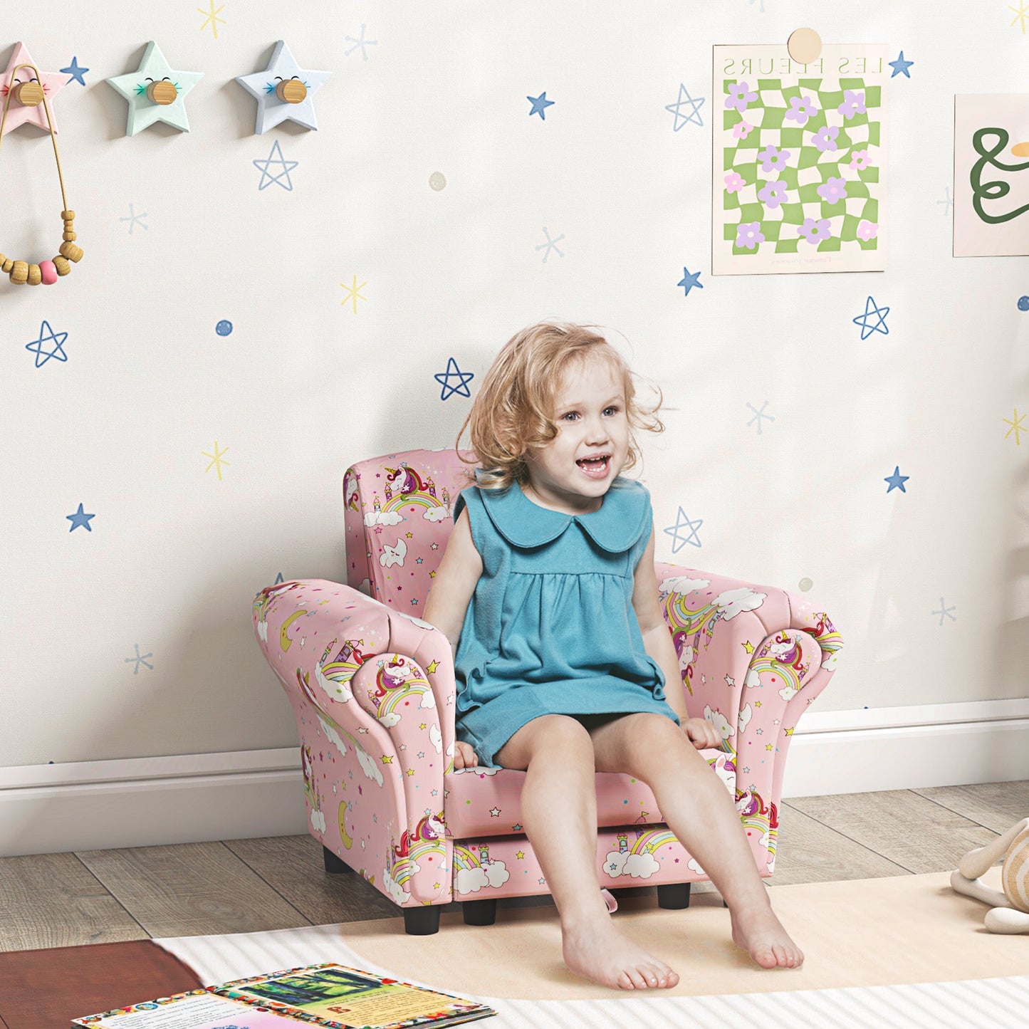 2 Piece Kids Sofa Set with Unicorn Design, Wooden Frame
