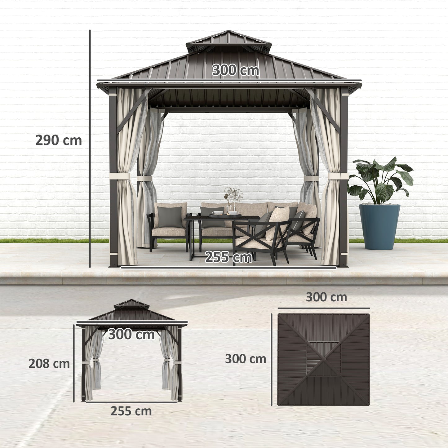 3 x 3(m) Hardtop Gazebo Canopy with Double Metal Roof