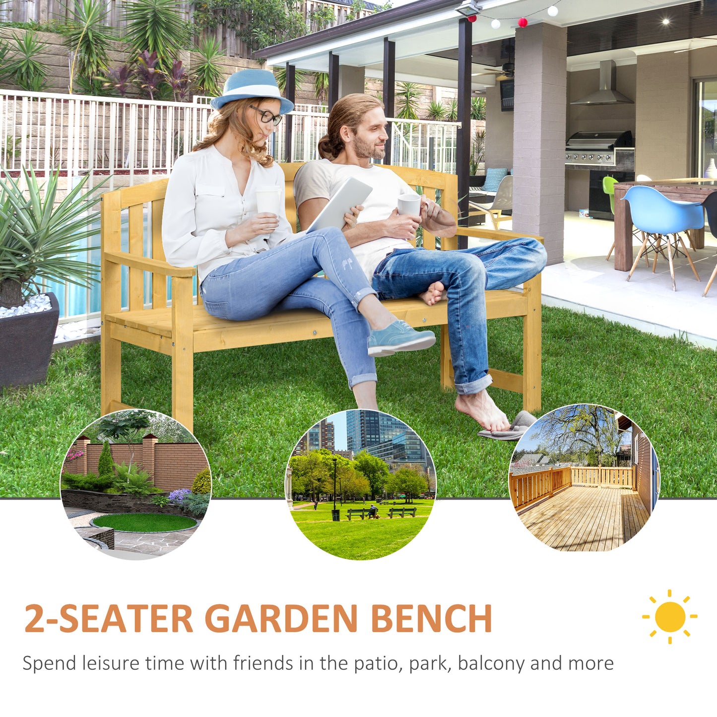 2 Seater Wooden Garden Bench with Armrest
