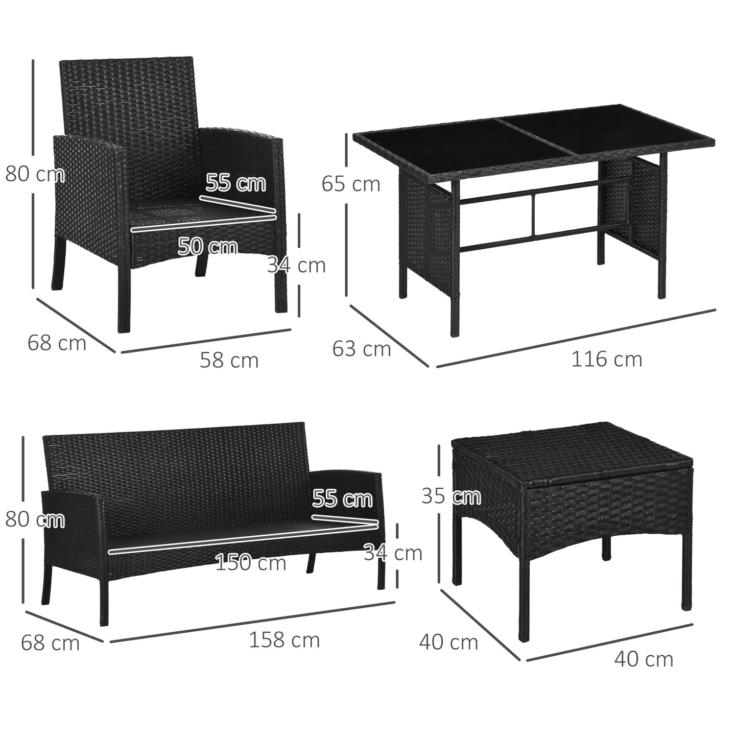 5 Seater Rattan Garden Furniture Set, 6 Piece Garden Sofa Set