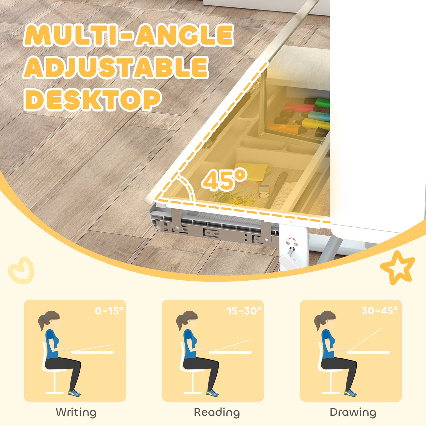 Kids Desk Height Adjustable with Tilt-Desktop, Hutch, Drawer