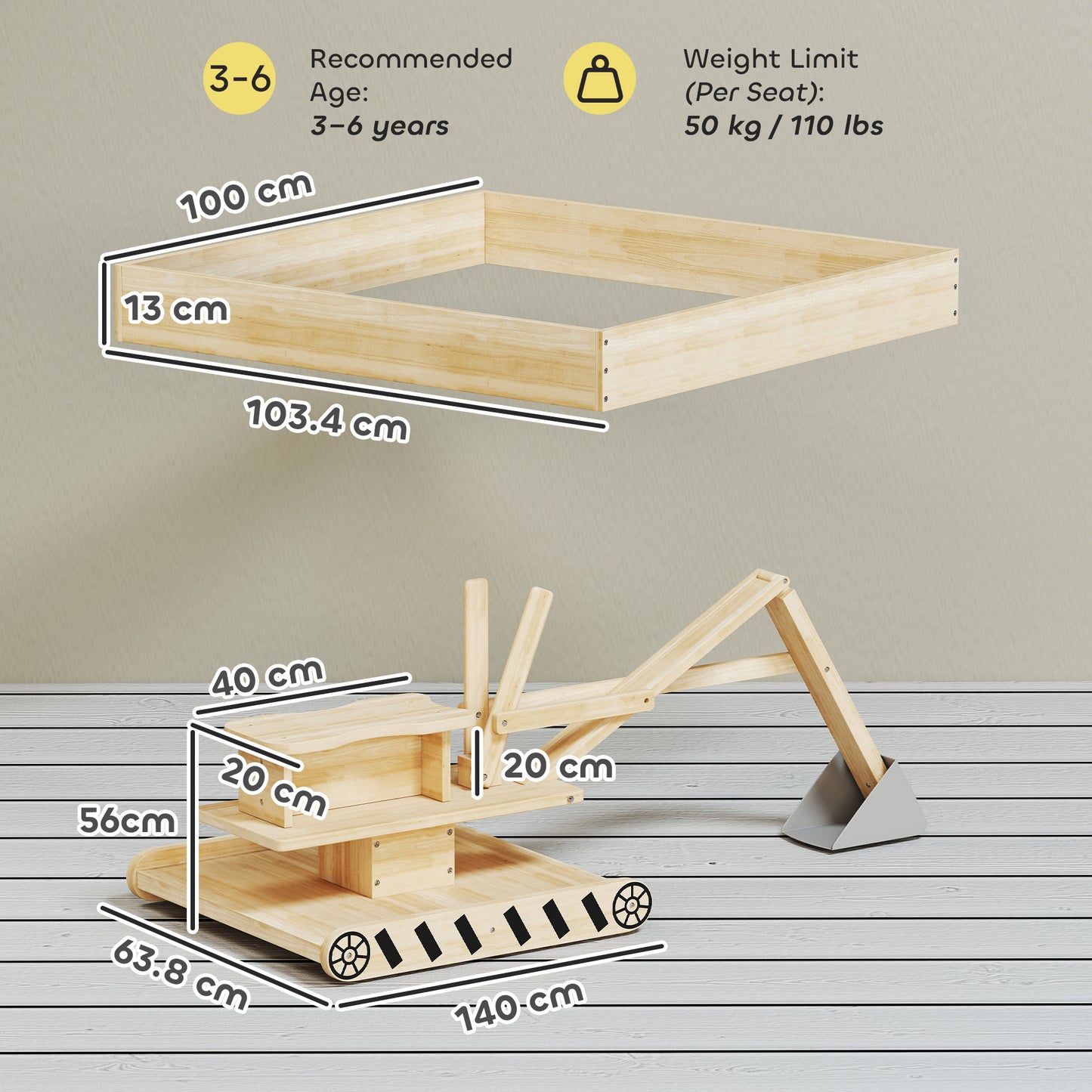 Wooden Sand Pit with Digger, Kids Sandbox Outdoor