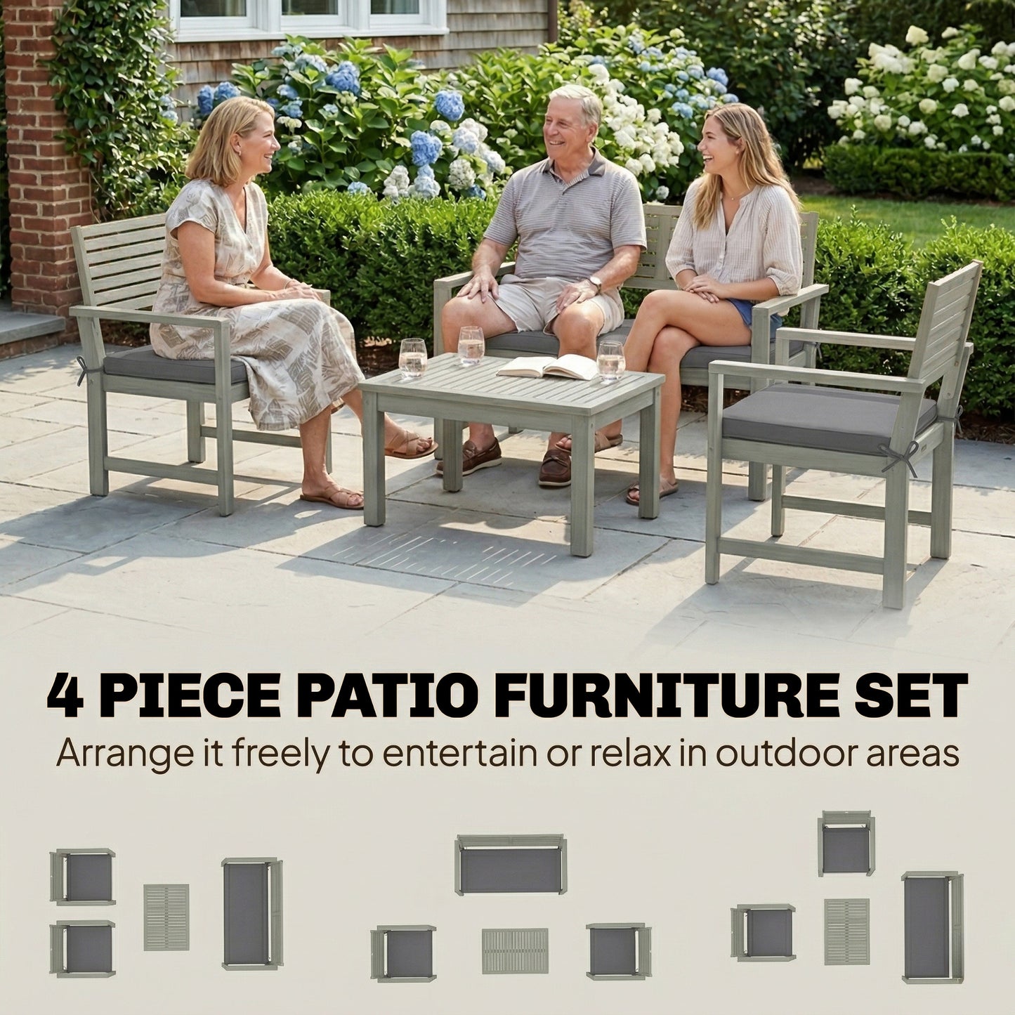 4 Seater Wooden Garden Furniture Set with Loveseat, Armchairs, Table