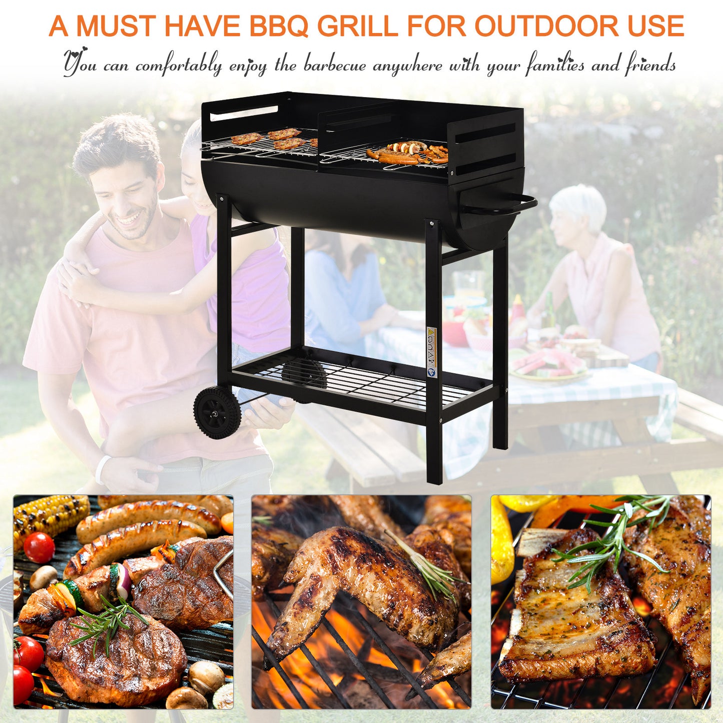 Steel 2-Grill Charcoal BBQ w/ Wheels