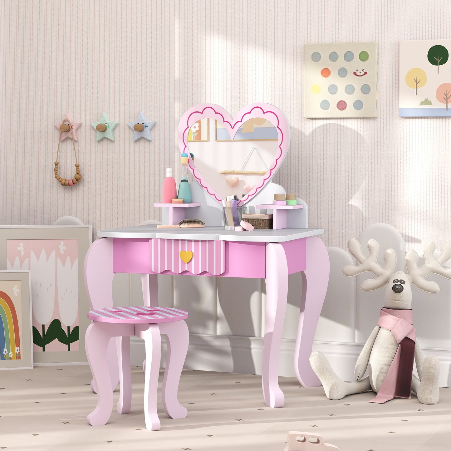 Kids Dressing Table Set, Vanity Table with Stool, Mirror, Drawer (2)