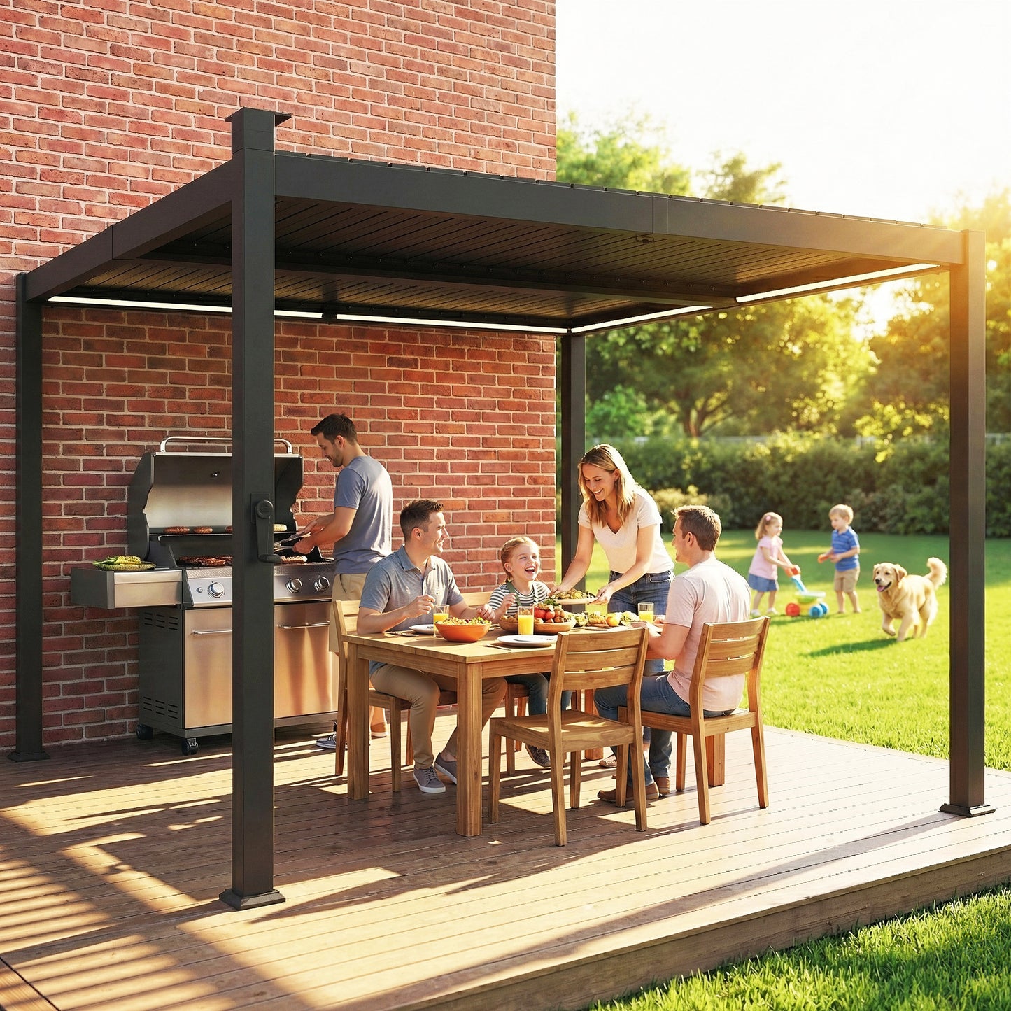 3 x 3 m Louvered Pergola with Solar LED lights, Metal Roof