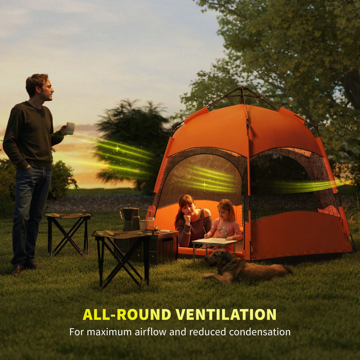 Six Man Hexagon Camping Tent with Hang Hook and Carry Bag - Orange and