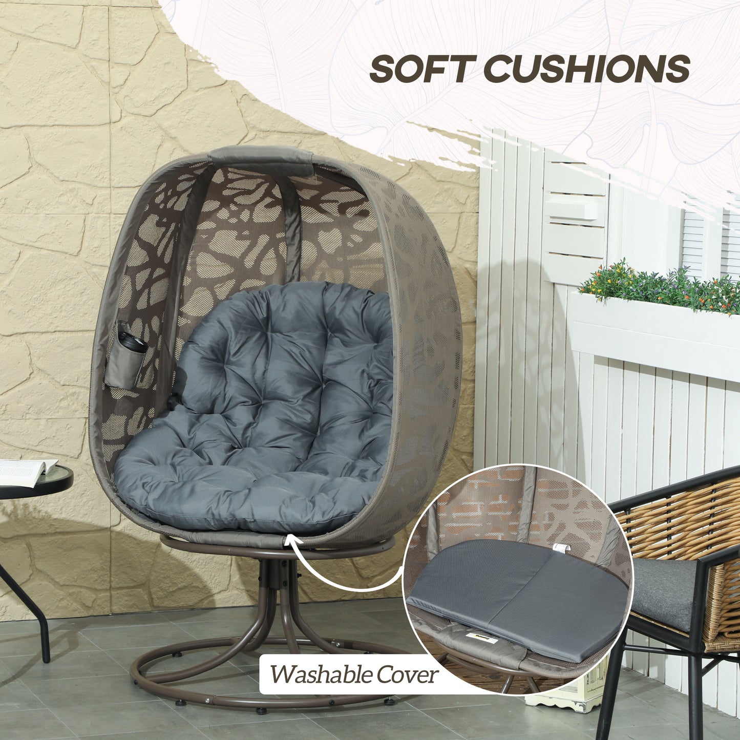 Swivel Egg Chair with Cushions, Foldable Basket Seat and Metal Frame