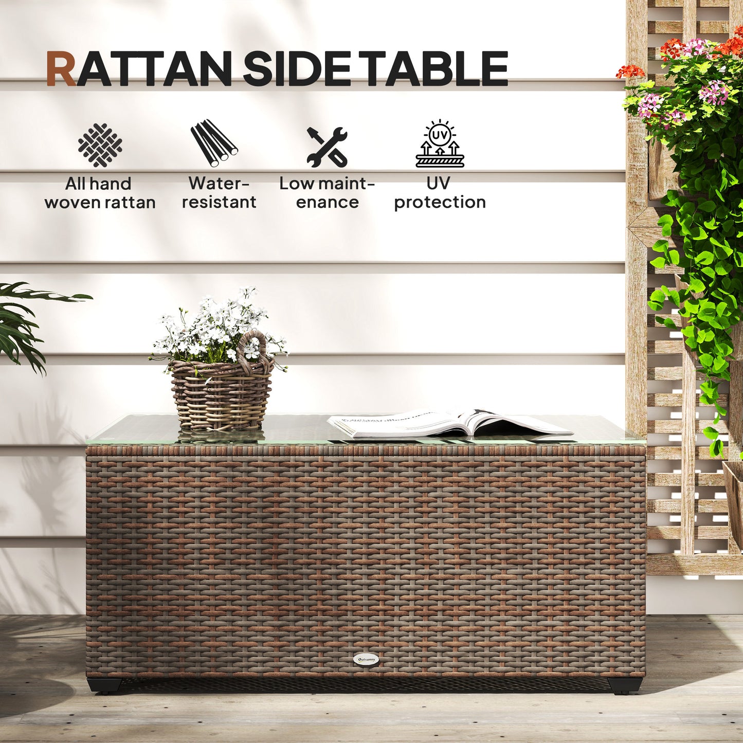 90 x 50cm Glass-Top Rattan Side Table