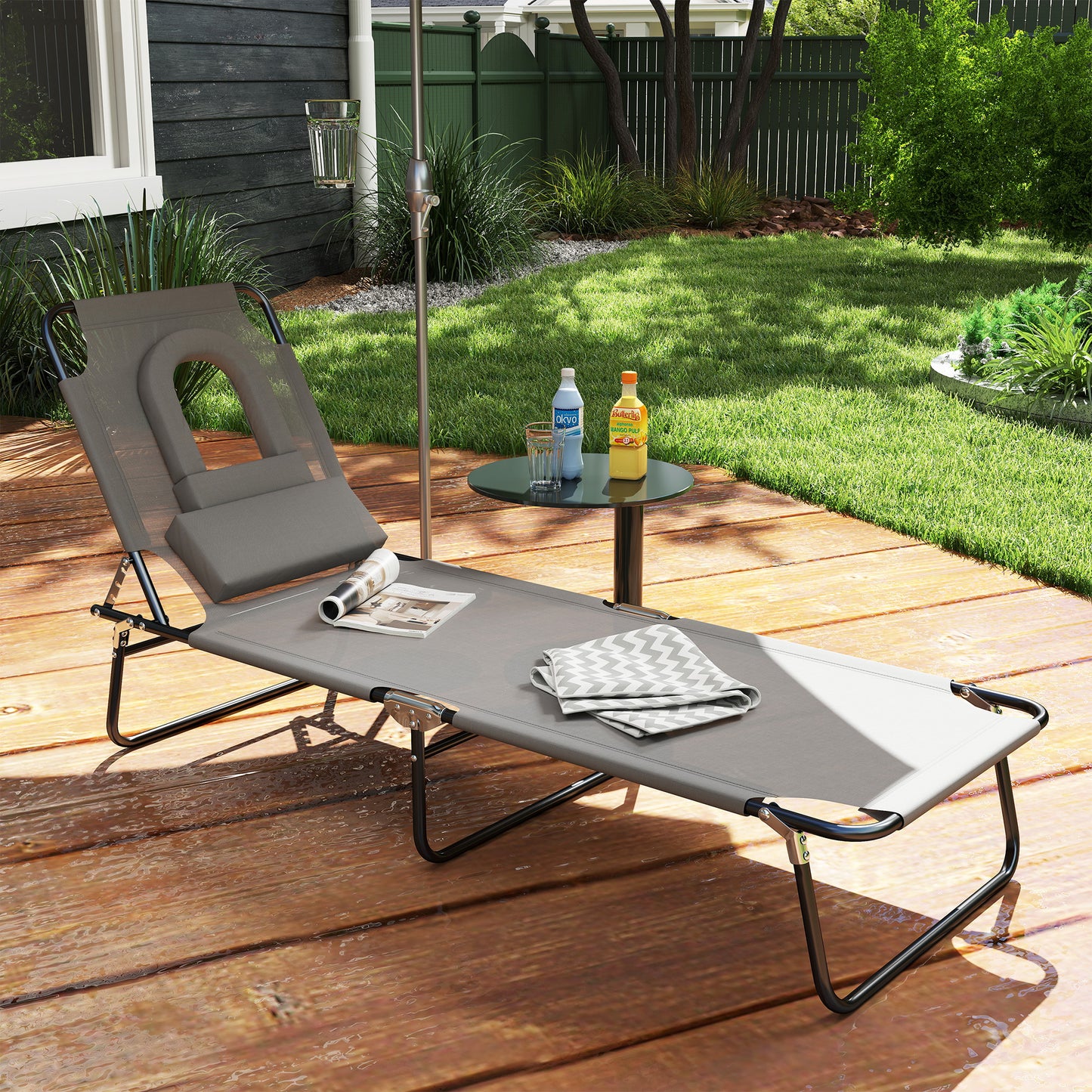 Folding Sun Lounger Reclining Chair w/ Pillow Reading Hole Garden