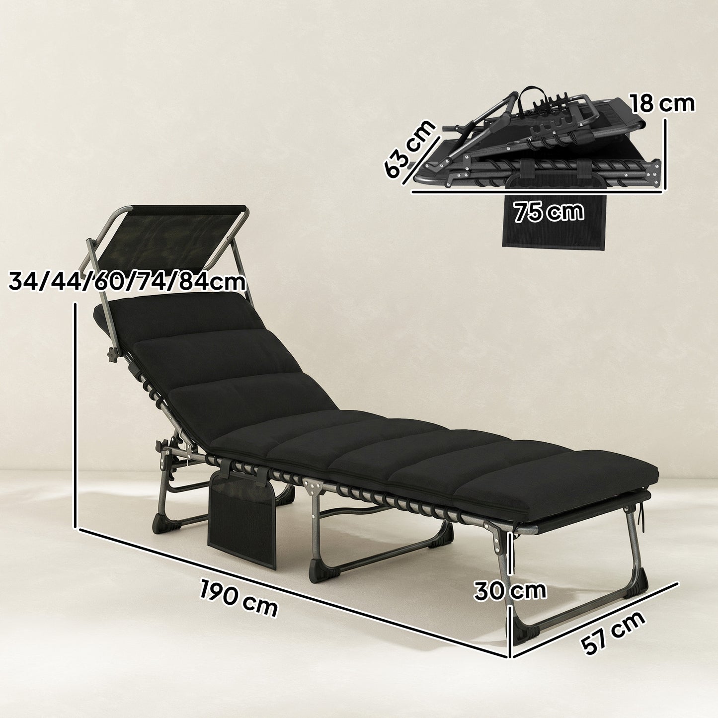 Folding Sun Lounger with Canopy, Reclining Sunbed with Cushion