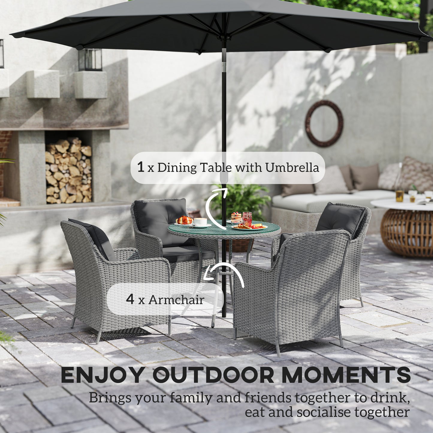 4 Seater Rattan Dining Set with Parasol & Cushions