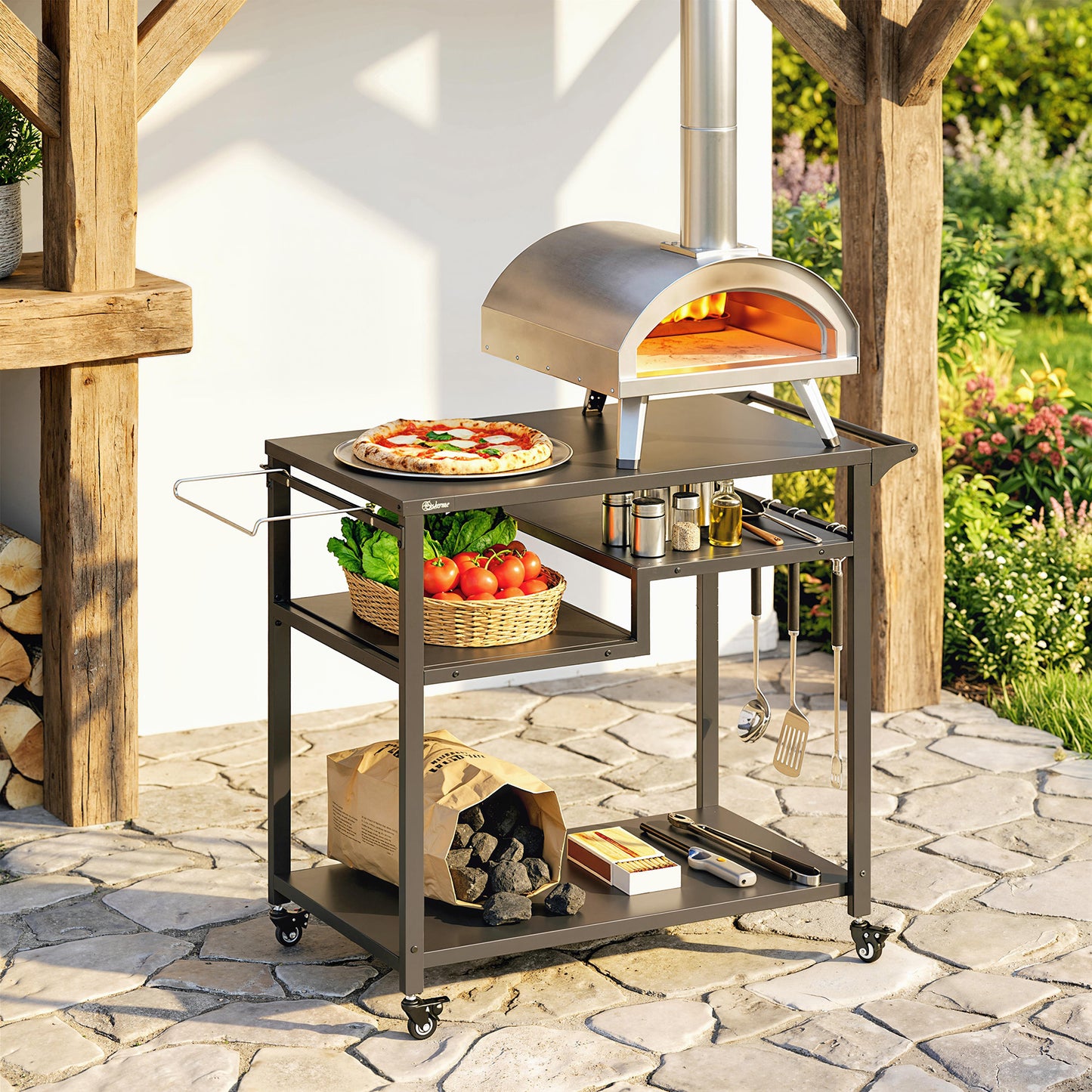 Outdoor Grill Cart, Three-Tier Pizza Oven Stand  with Steel Tabletop