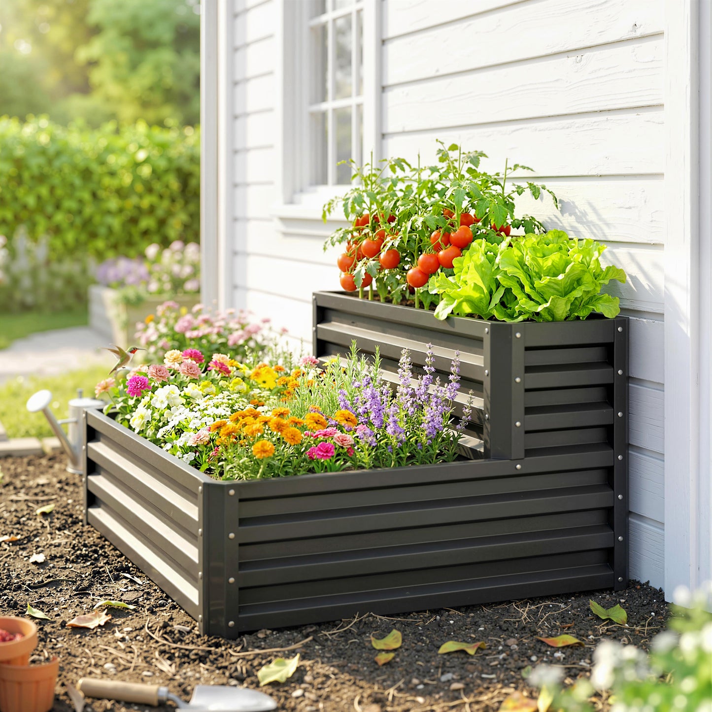 2 Tier Raised Garden Bed, Galvanised Planter Box with Open Bottom