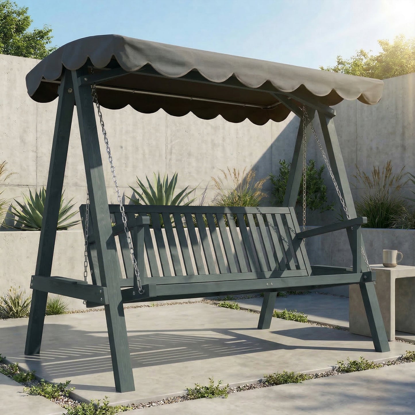 3 Seater Garden Swing Seat with Canopy, Wooden Swing Chair
