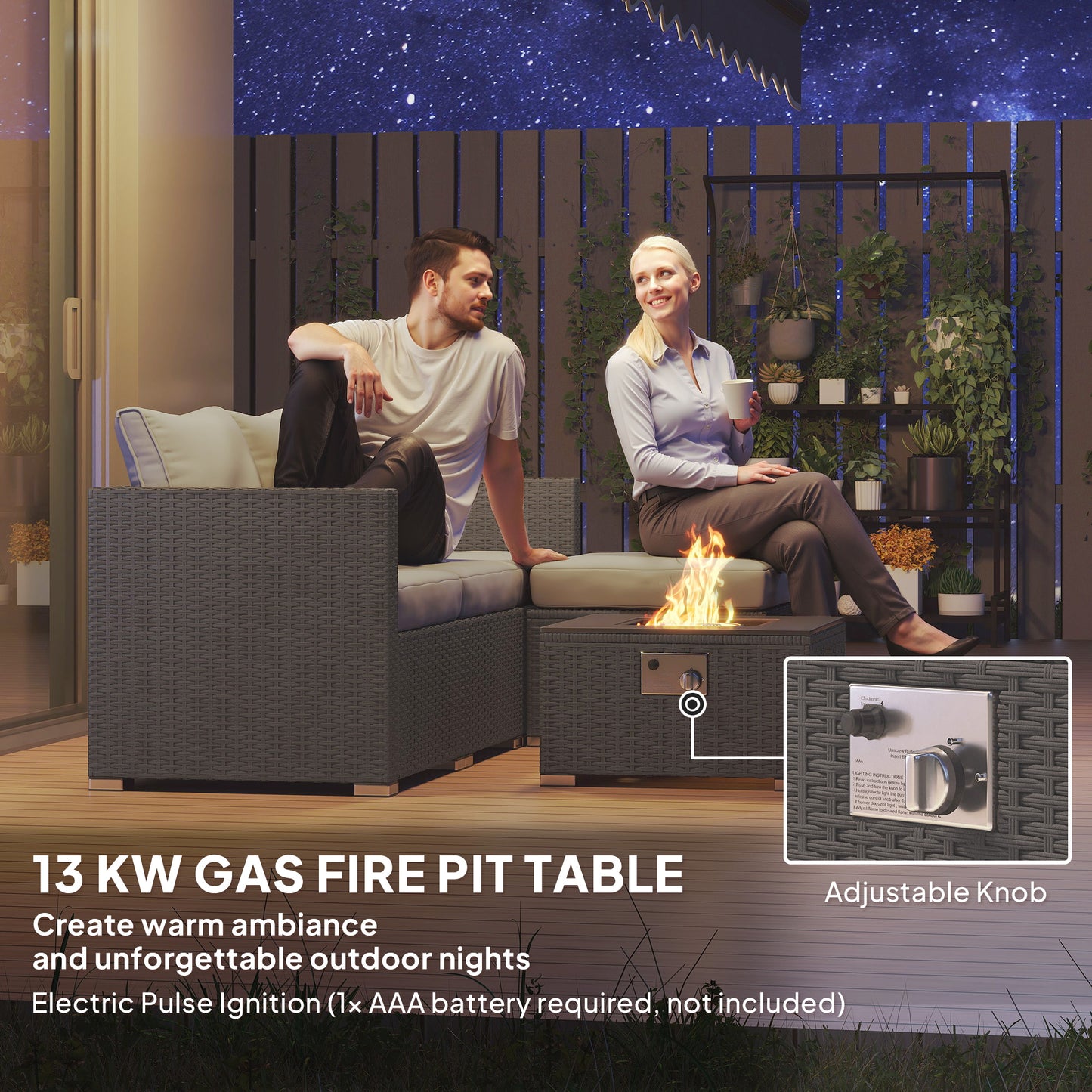 Five Piece Rattan Garden Furniture Set with Gas Fire Pit Table
