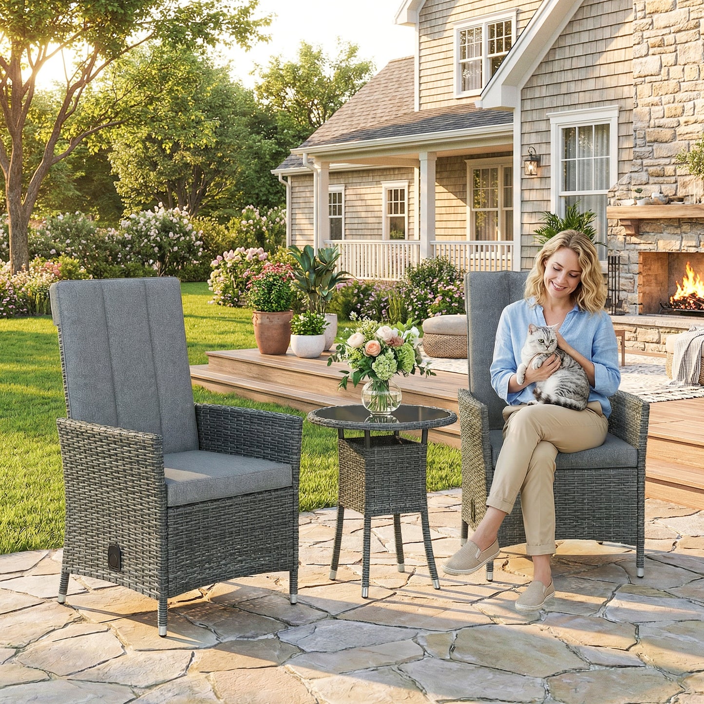 Rattan Bistro Set, Reclining Garden Chairs and Glass Coffee Table