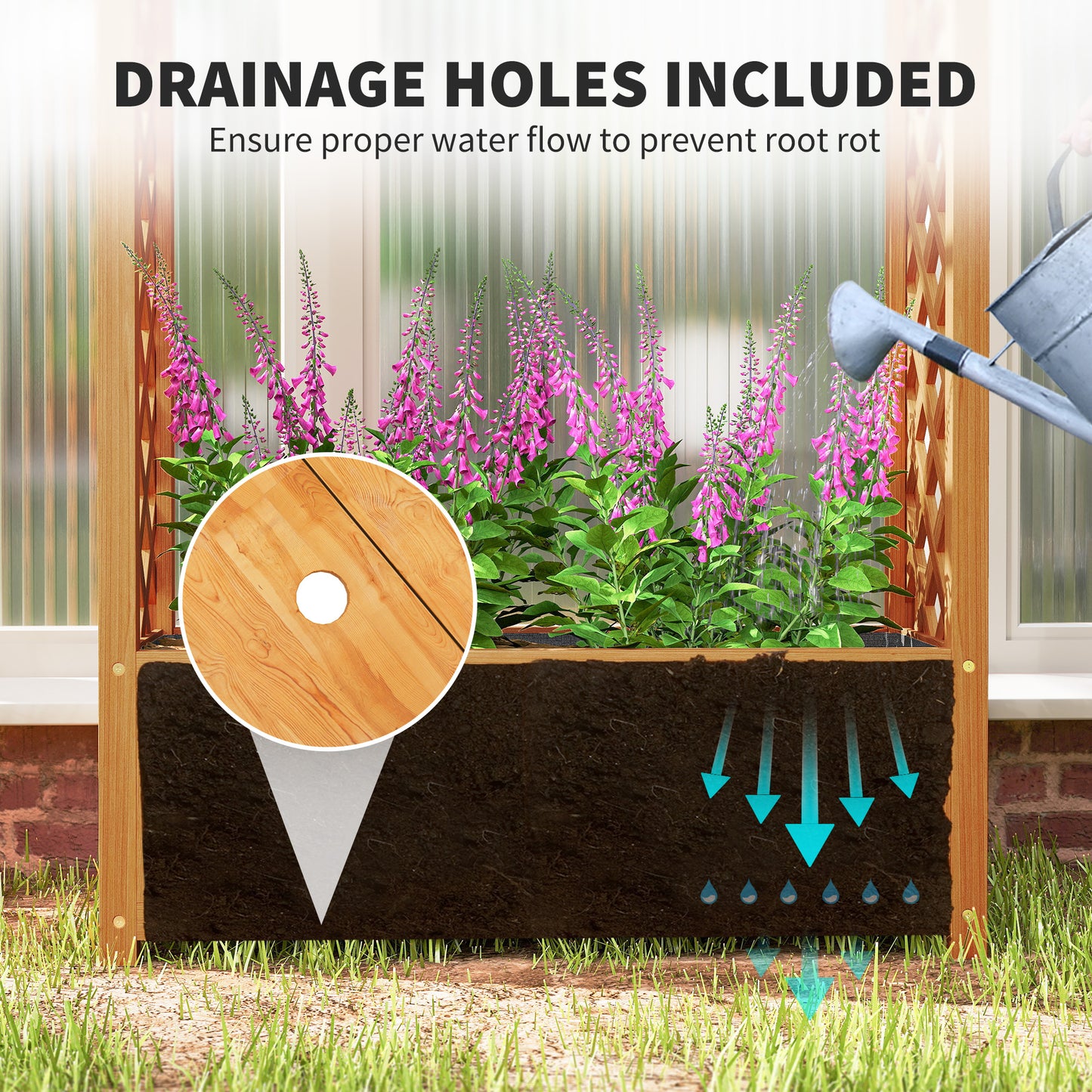 Wooden Raised Garden Bed with Trellis, Liner, Drainage Holes