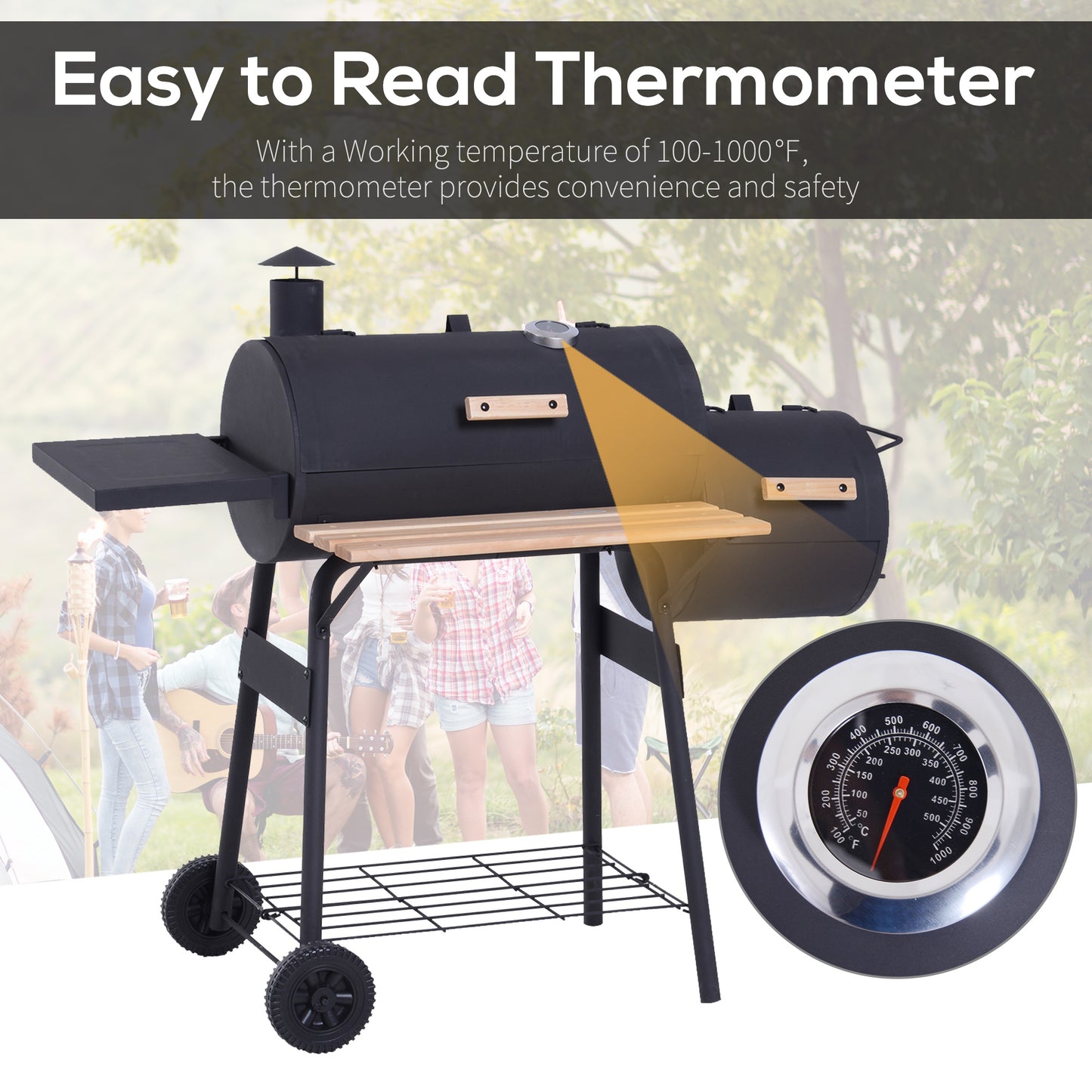 Portable Charcoal BBQ Grill, Cold-rolled Steel, Solid Wood
