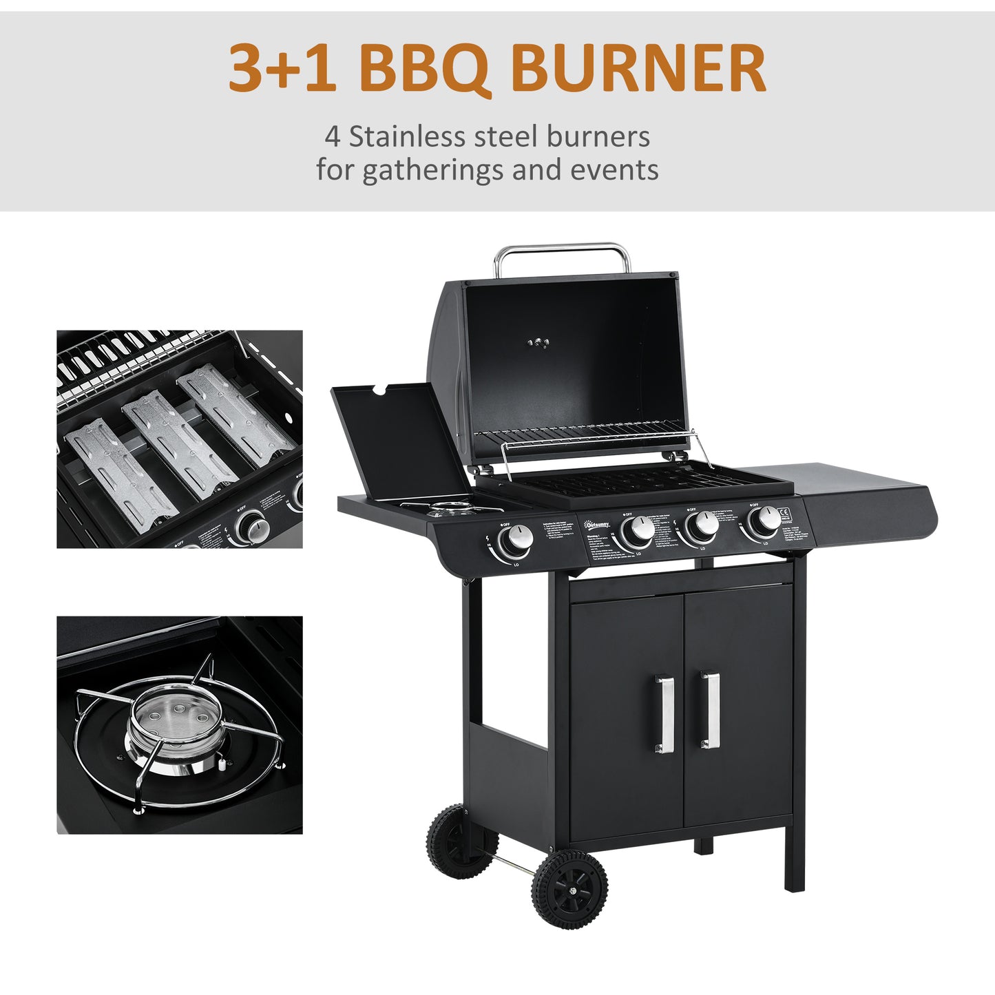 3+1 Burner Gas BBQ Grill, Outdoor Barbecue Trolley with Wheels
